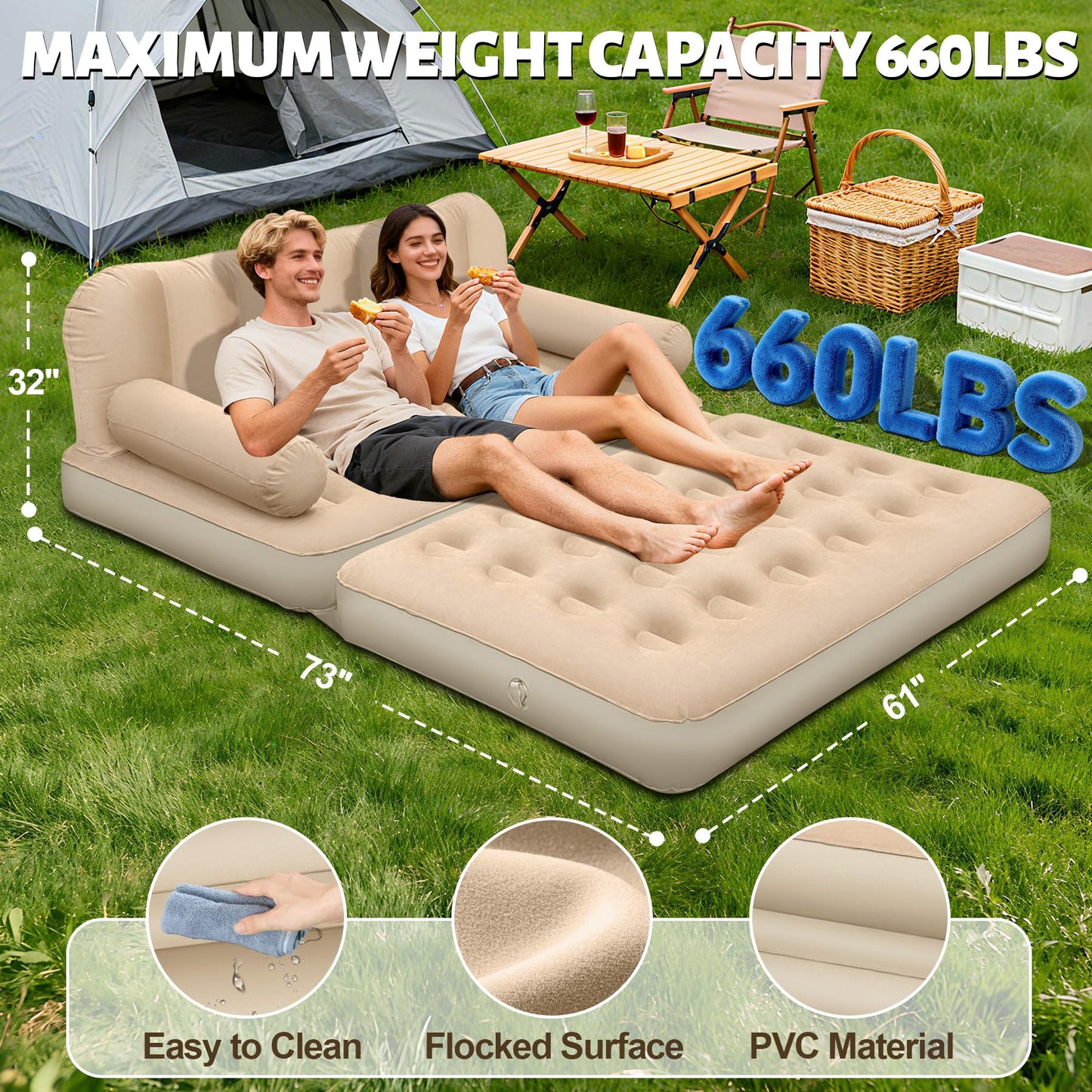 ChlorBlu Queen Size Air Sofa Bed Mattress with Headboard and Pump, Flocked Surface Blow Up Couch Inflatable Bed for Home,Folding Inflatable Couch for Camping, 2-in-1 Valve Inflatable Sofa 73"x61"x32''