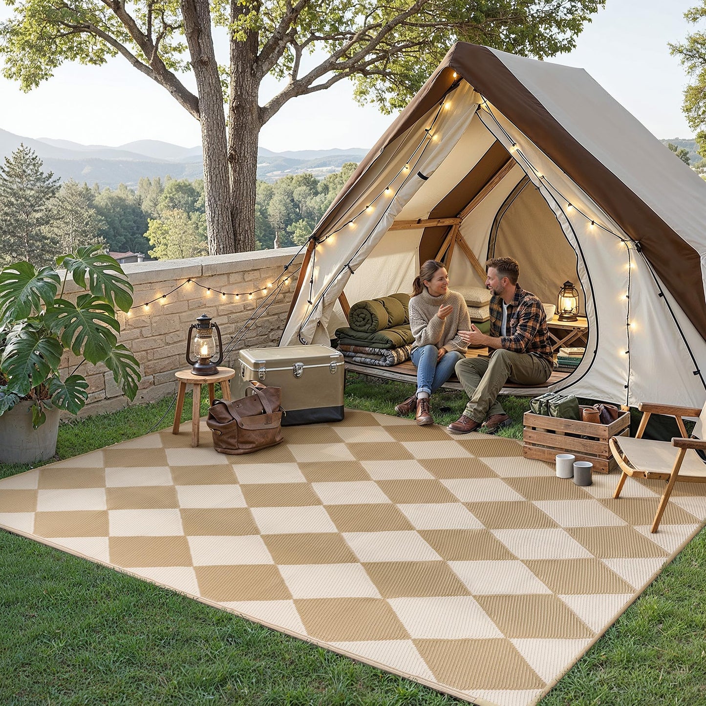 WondRg Outdoor Plastic Checkered Rug Waterproof Patio 9x12 Beige Brown Diamond Geometry Mat for Porch Camping RV Balcony Deck Courtyard Reversible Lightweight Durable Portable