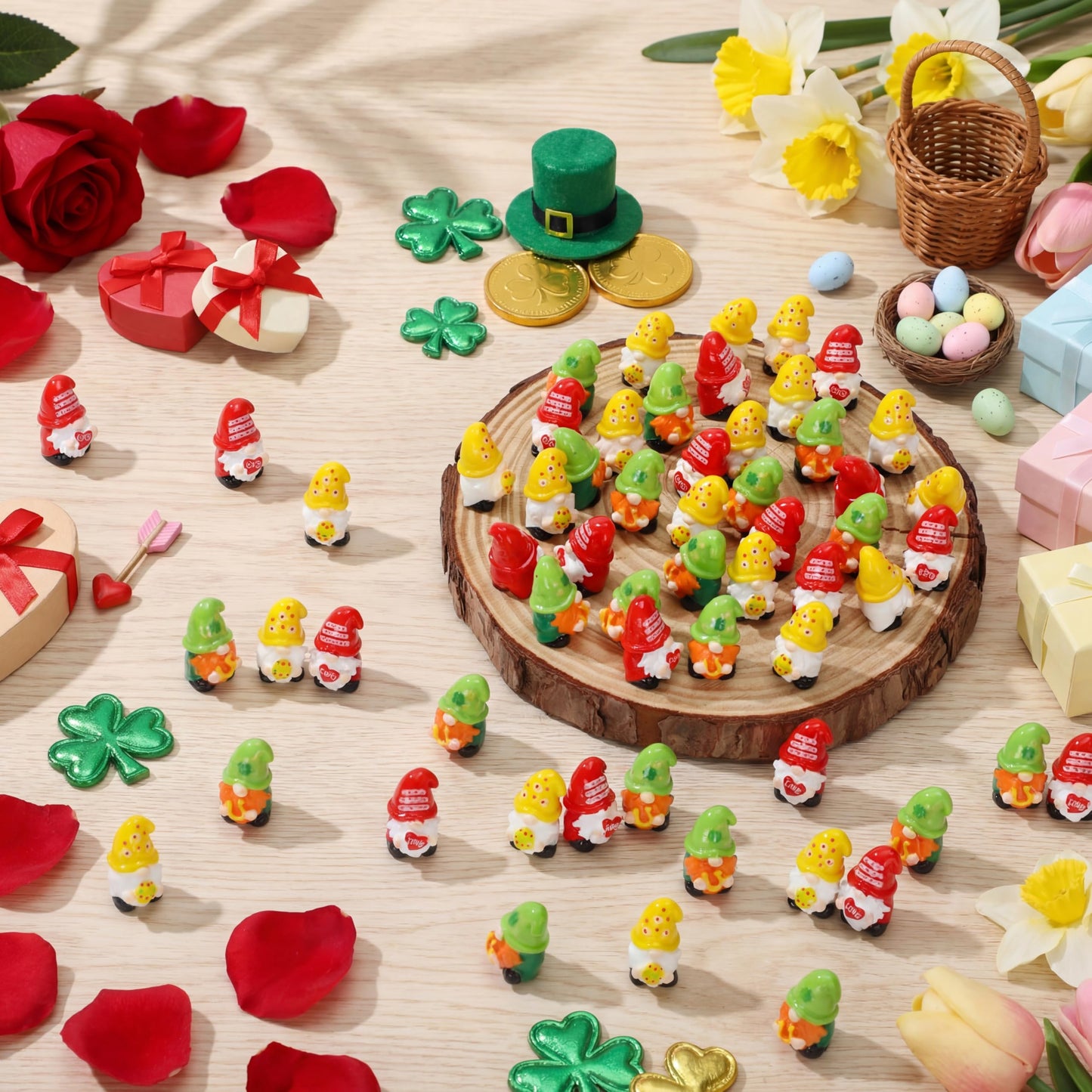 Qunclay 60 Pcs Mini Gnome Figurines, St. Patrick's Day and Easter Spring Decor, Shamrock Egg Heart Theme Resin Tabletop Ornaments for Tiered Tray, Home Table, Party Favors