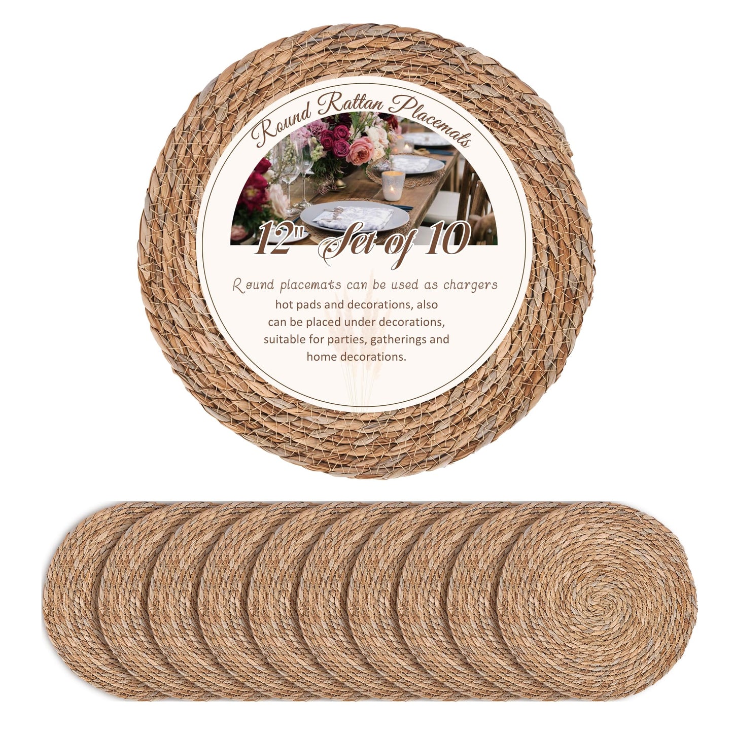Defined Deco Woven Placemats Set of 10,12" Round Rattan Placemats,Natural Hand-Woven Water Hyacinth Placemats,Farmhouse Weave Place Mats,Rustic Braided Wicker Table Mats for Dining Table,Home,Wedding.