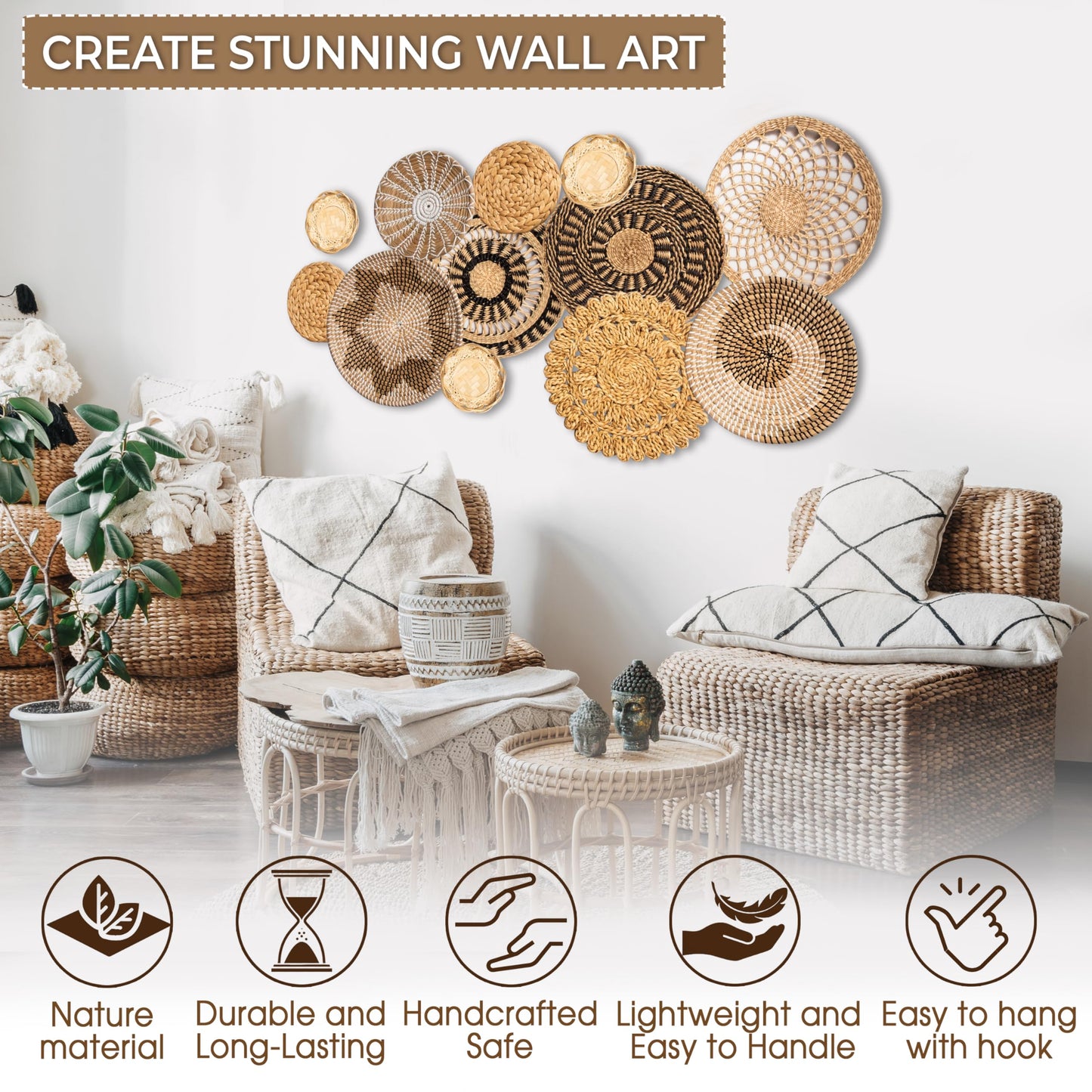 Laquedecraft Set 12 Boho Wicker Rattan Plate Basket Set For Décor Hanging Wall | Large Woven Farmhouse Rustic Bohemian Art Baket Hangings For Decorative Home, Bedroom, Living Room, Kitchen, Bathroom (Classic, 12)