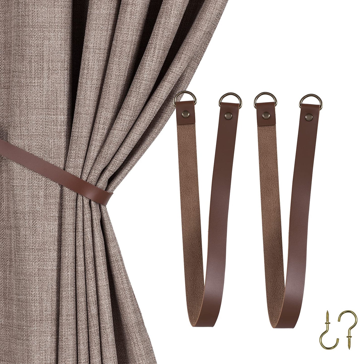 Home Queen Leather Curtain Tie Backs Attach to Wall, Outdoor Drape Holder Holdbacks Tiebacks with Hooks, Set of 2, Chocolate