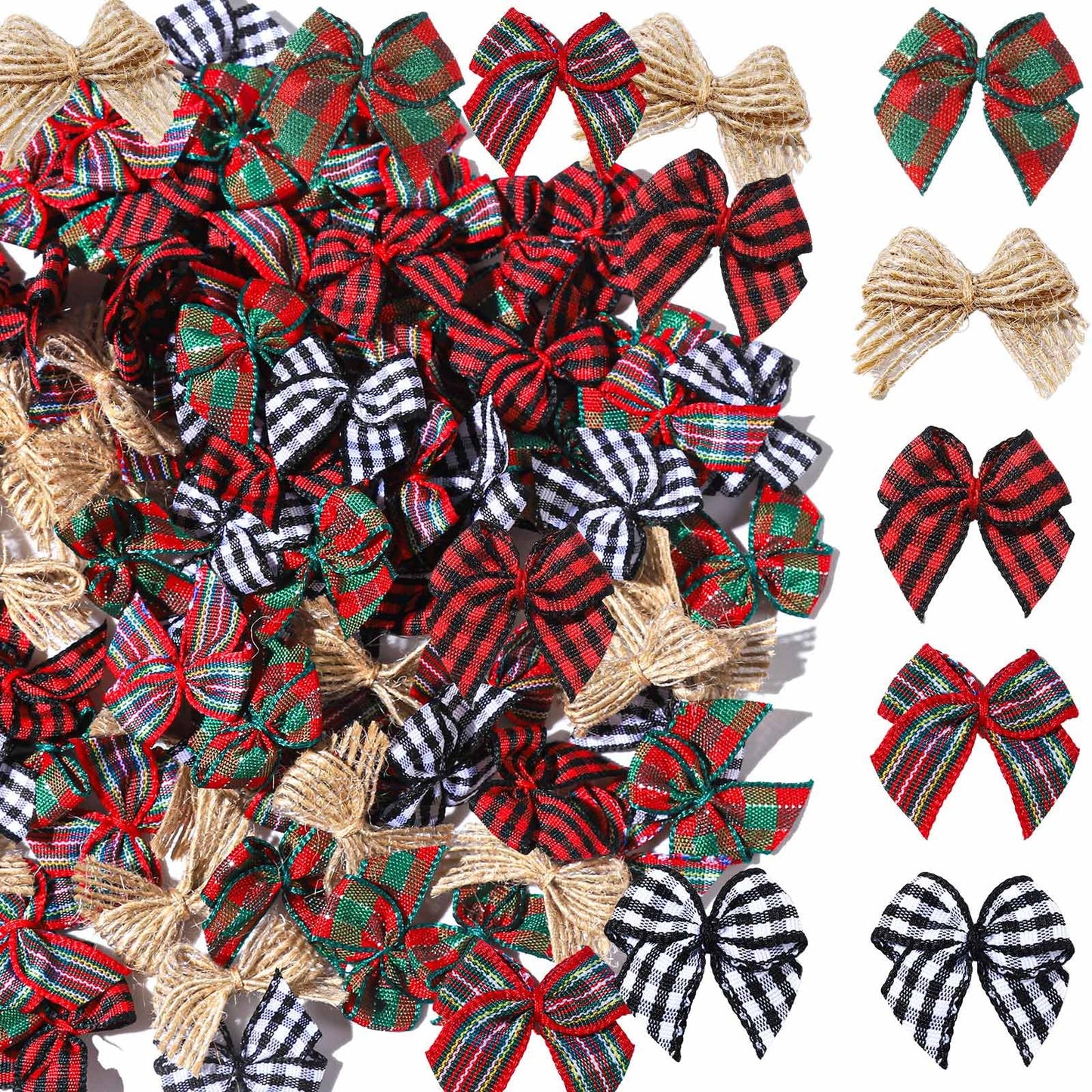 YGDZ 100 PCS Mini Christmas Bows, Small Plaid Ribbon Bows for Crafts, 1 Inch Tiny Buffalo Plaid Burlap Bows for Christmas Decor, Gift Wrapping, Christmas Tree Ornament Bows
