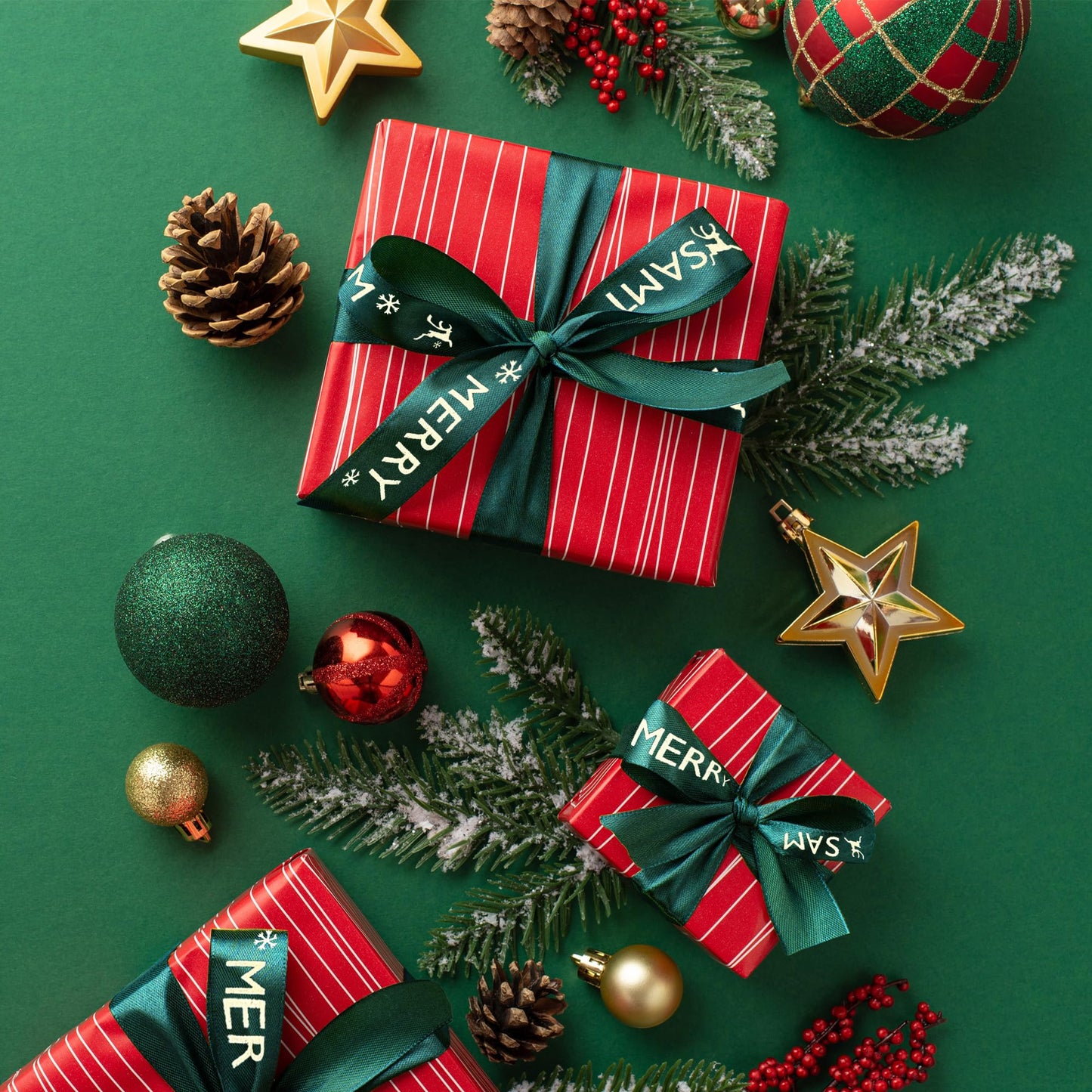 25 Yard Merry Christmas Ribbon,Christmas Ribbon 1 Inch Forest Green