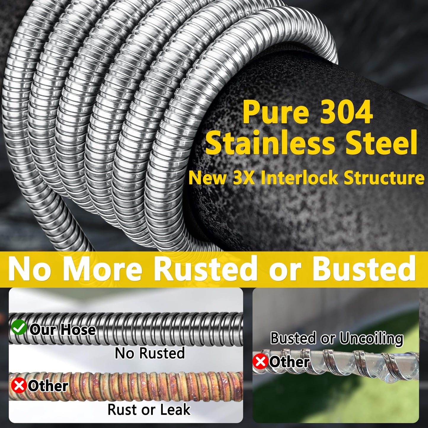 100 ft Stainless Steel Garden Hose - 2026 New Upgraded Metal Water hose - Flexible Water Hoses Pipes with Latex Core, 3/4" Solid Brass Connector - No-Expandable Watering Garden Hoses
