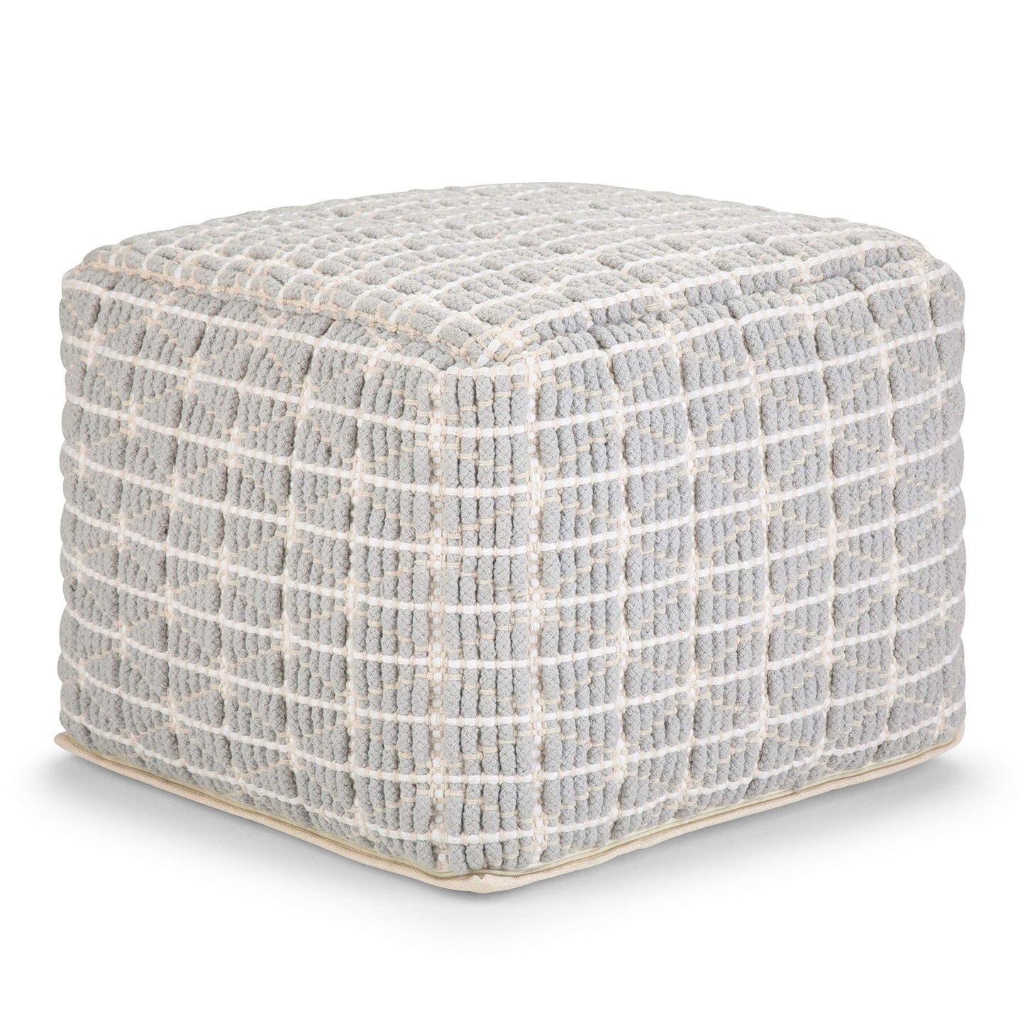 SIMPLIHOME Noreen Square Pouf - 18 inch Wide Upholstered Handwoven Cotton Ottoman in Light Blue and White, Boho Footstool or Extra Seating for Living Room with Polystyrene Filling, Assembled