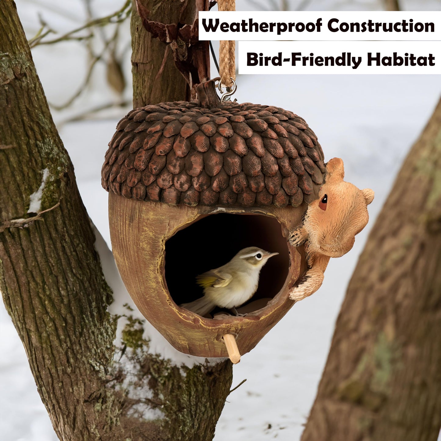 Hvfun Hanging Bird Houses for Outside, Acorn-Shaped Resin Birdhouse with Squirrel Design for Outdoors Decorative Birdhouses,
