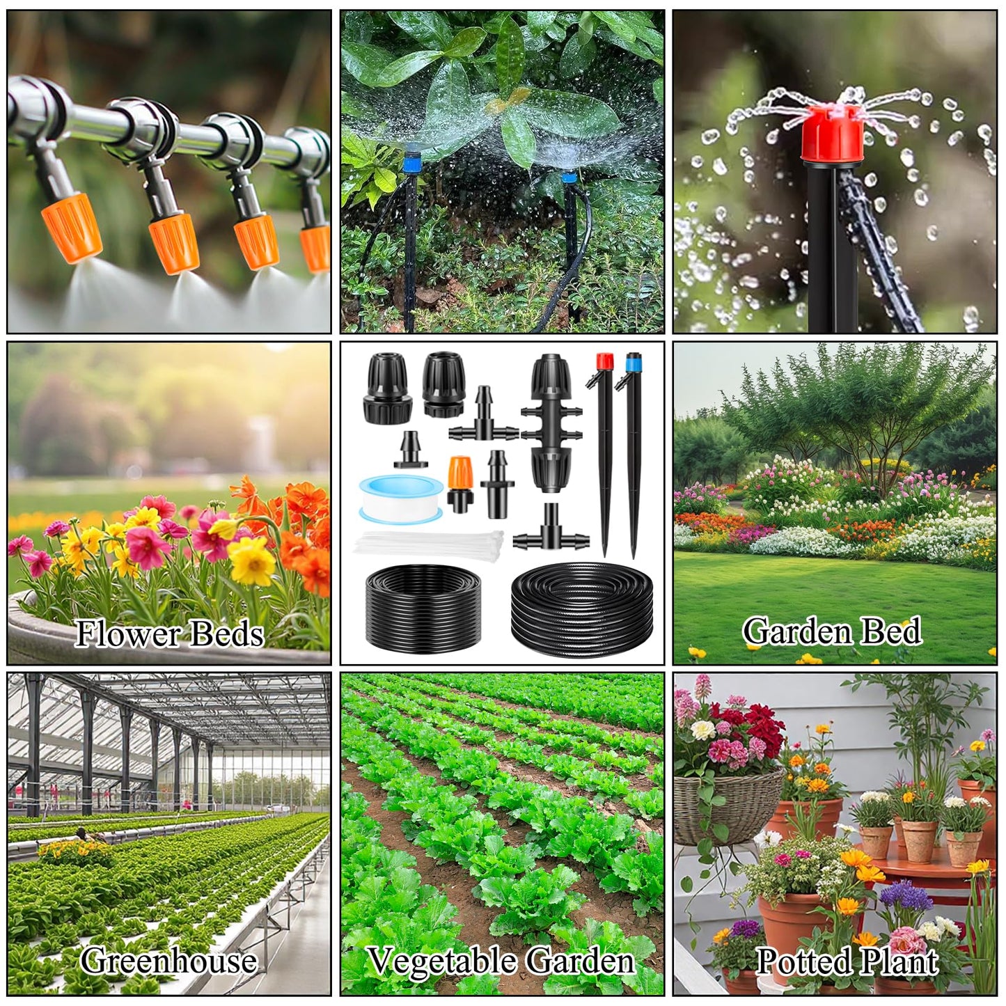 250FT Drip Irrigation System Kit, Automatic Drip Irrigation Kit with 1/2 inch Hose 1/4 inch Distribution Tubing and Accessories for Greenhouse, Yard, Lawn