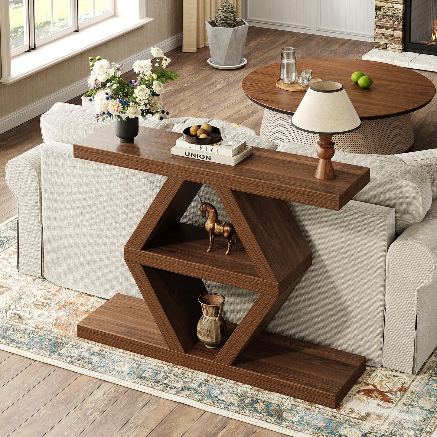 39.4-Inch Farmhouse Console Table for Entryway, Wood Behind Couch Table with Storage Shelves, Rectangular Sofa Table, Narrow Entryway Table for Entrance, Hallway, Foyer, Living Room, Entry Way Table