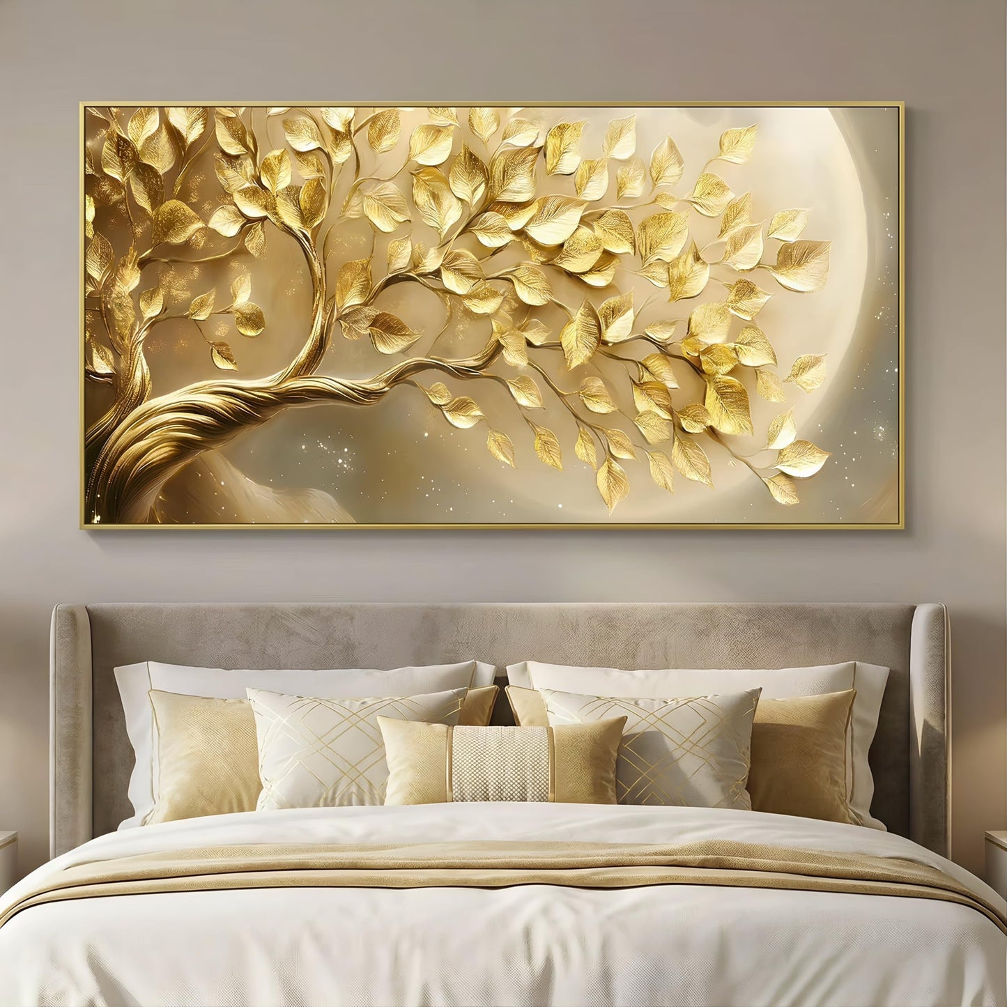 BirdSuite Gold Framed Golden Leaf Money Tree Wall Art, Luxury 3D Effect Canvas Print, Ready to Hang Wall Decor for Living Room Bedroom Office Dining Room Entryway, 48x24 Inch