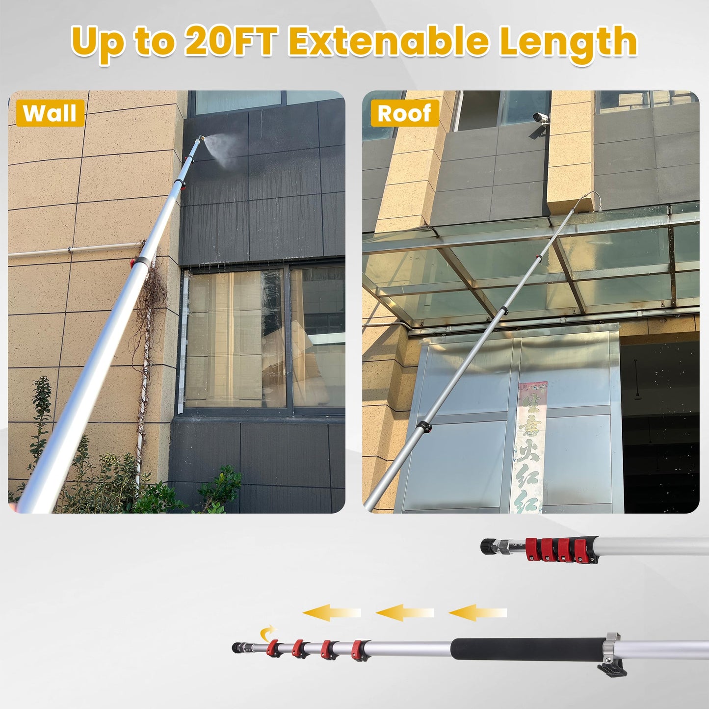 M MINGLE 20 FT Telescoping Pressure Washer Wand with Gutter Cleaner, Brush Head, 5 Nozzle Tips, and Hose Adapters for House Exterior, Window & Roof Cleaning