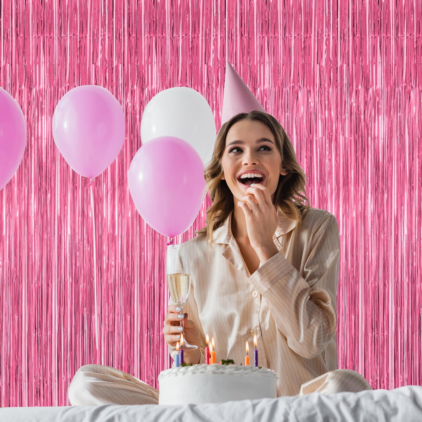 2 Pack Pink Party Decorations, 3.28 FT x 7.05 FT Pink Backdrop, Metallic Tinsel Backdrop Fringe Curtains Backdrop Curtains, Photo Backdrop Party Supplies Birthday Party Decorations