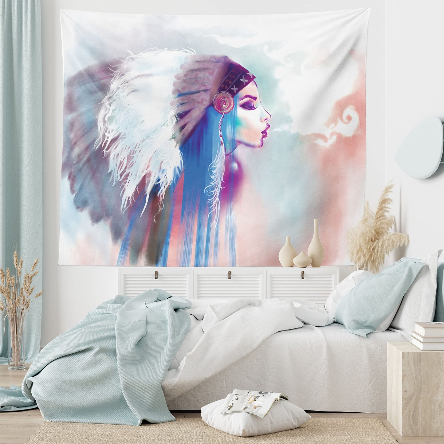 Ambesonne Tribal Tapestry, Girl Smoking Traditional Clothes Abstract Watercolor Background Illustration, Wide Wall Hanging for Bedroom Living Room Dorm, 60" X 40", Multicolor Purple