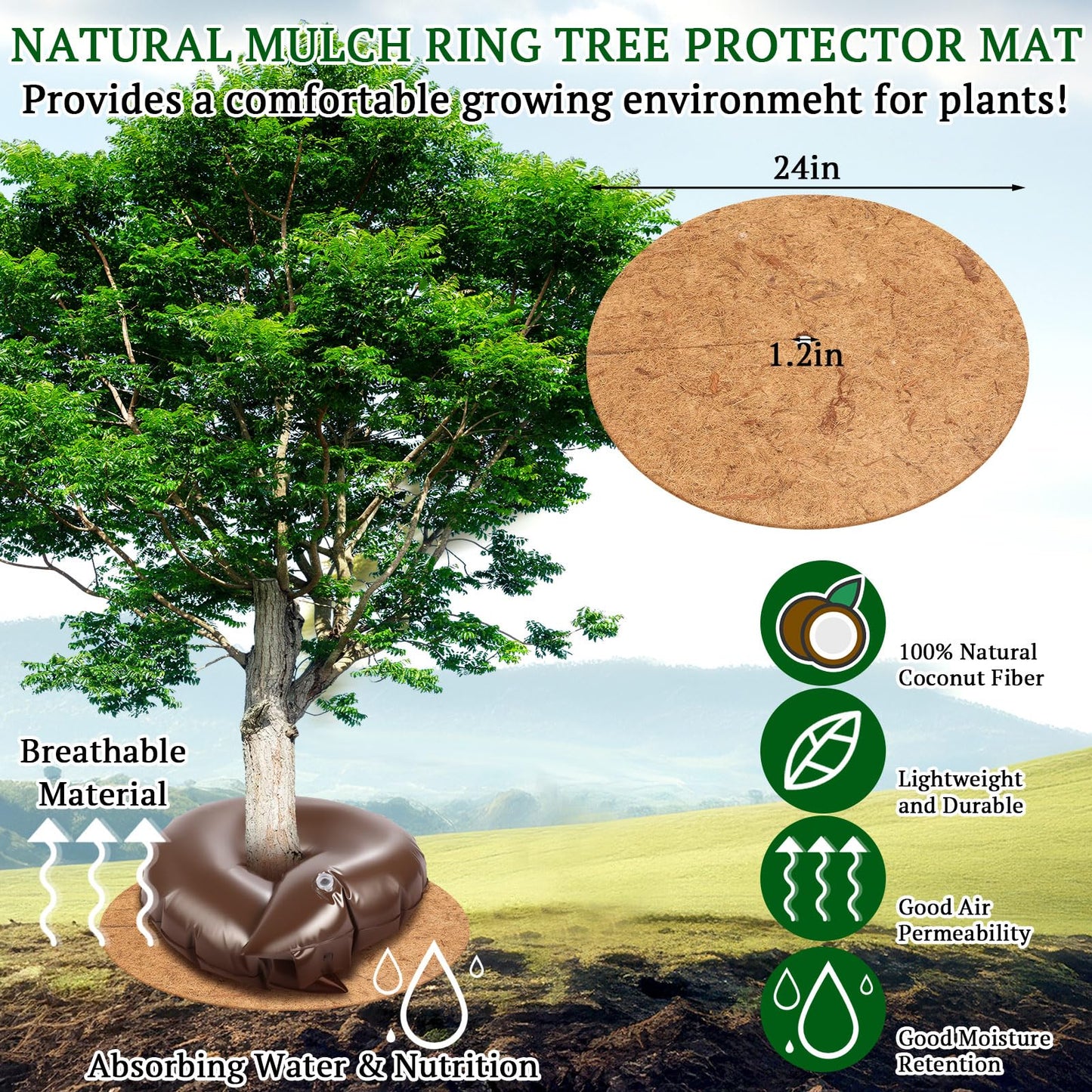Sunnychicc 4 Set Tree Watering Ring 20gal Watering Bags with Coconut Fiber Mulch Ring – Deep Root and Slow Release Automatic Drip Irrigation System for New Trees, Multi-Trunk Trees and Shrubs