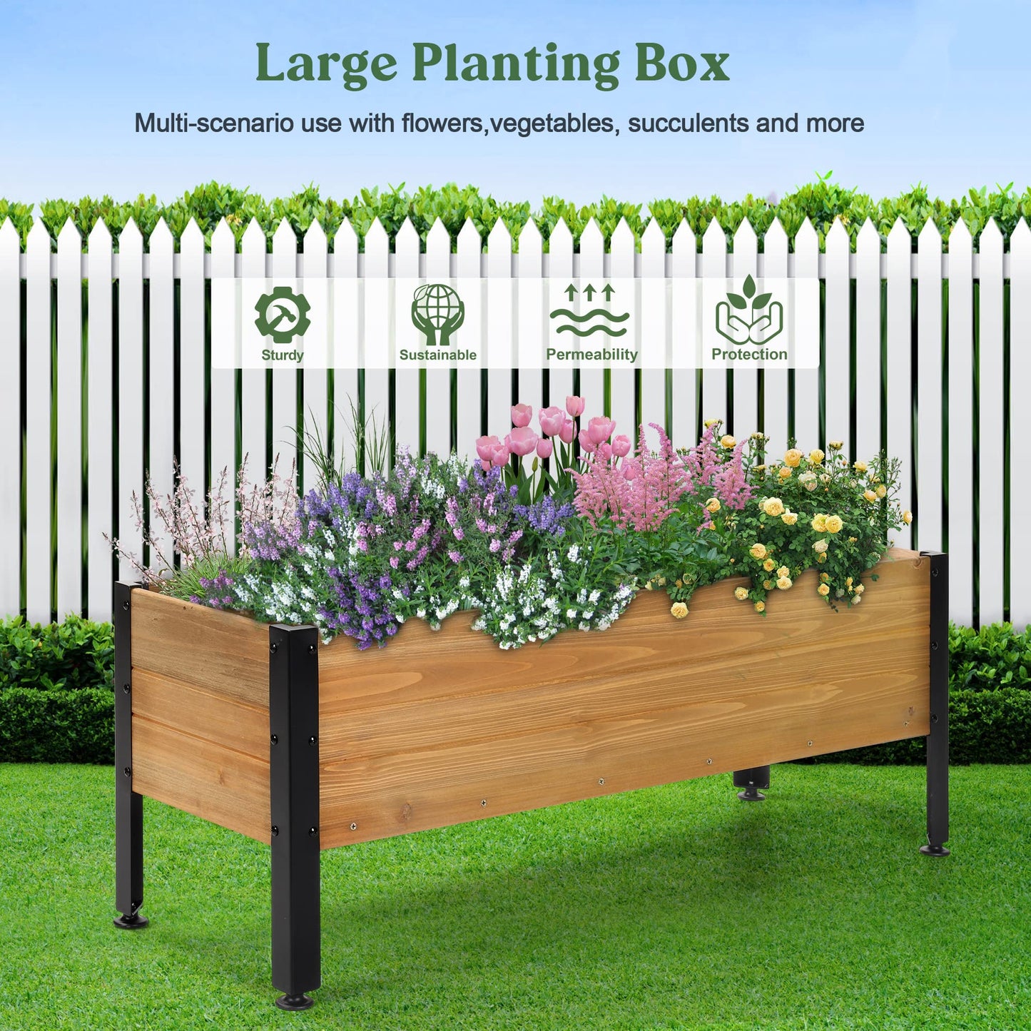 Borsynium Wooden Rectangular Flower Box with Short Iron Legs, Planting Bed for Flowers and Vegetables, Suitable for Garden and Balcony. Dimensions: 19.7x13.9x12.5 inches