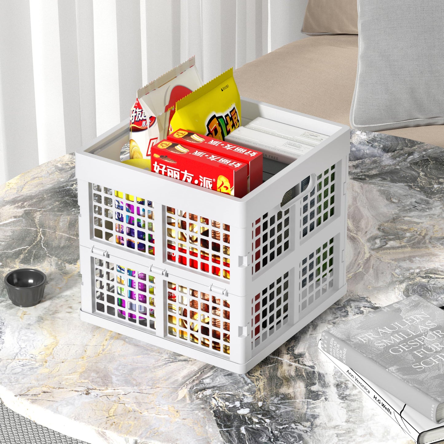 Sadstory 18 L Plastic Square Folding Storage Crate, Stackable Collapsible Crates, White, 3 Pack