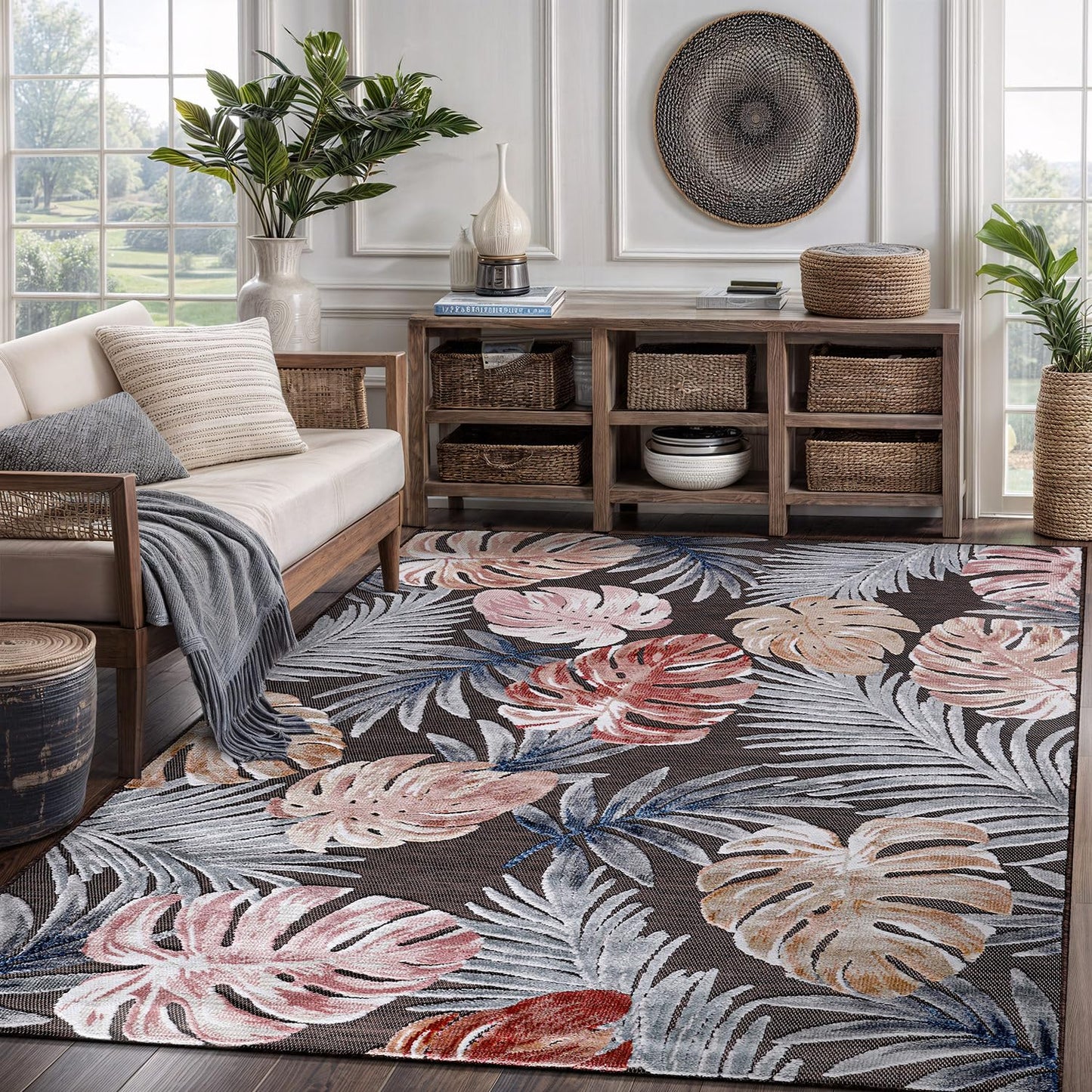 CAMILSON Indoor Outdoor Rug, Brown 6’x9’ Leaf Tropical Botanical Area Rugs for Indoor and Outdoor patios, Easy-Cleaning Non-Shedding Living Room, Garden and Kitchen Washable Outside Carpet (6x9)