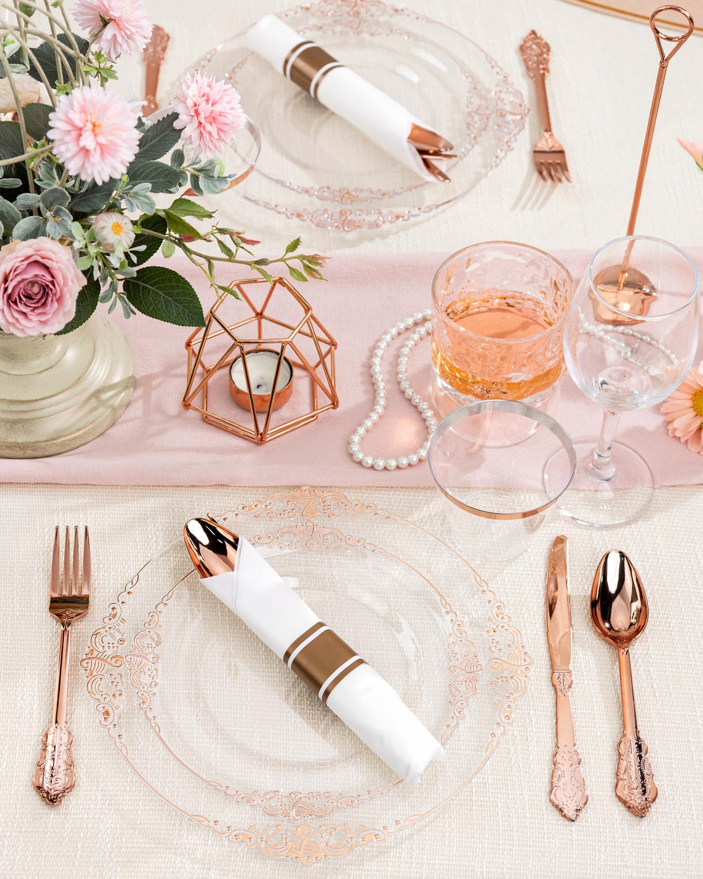 Nervure 175PCS Rose Gold Plastic Plates - Disposable Rose Gold Party Plates & Pre Rolled Napkins with Cutlery for 25 Guests, 50Plates, 75Silverware, 25Cups, 25Napkin for Wedding & Party & Mothers Day