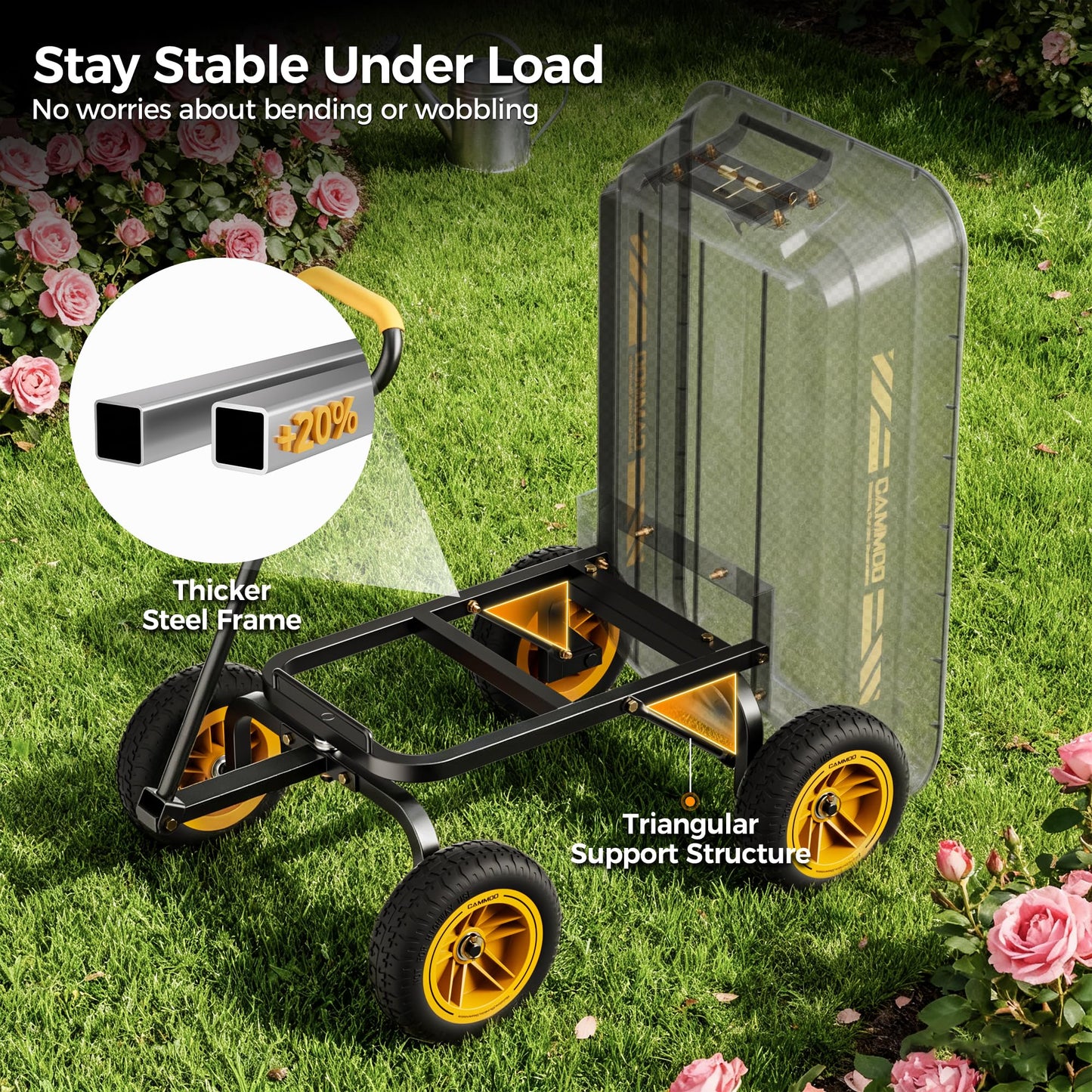 CAMMOO 10-in NO-FLAT TIRES 600lb Heavy-Duty Garden Dump Cart 4 Cu.Ft. Utility Wagon with Quick-Release Dumping & Prime Grade 100% Virgin Polypropylene - Not Recycled Material for Landscaping Gardening