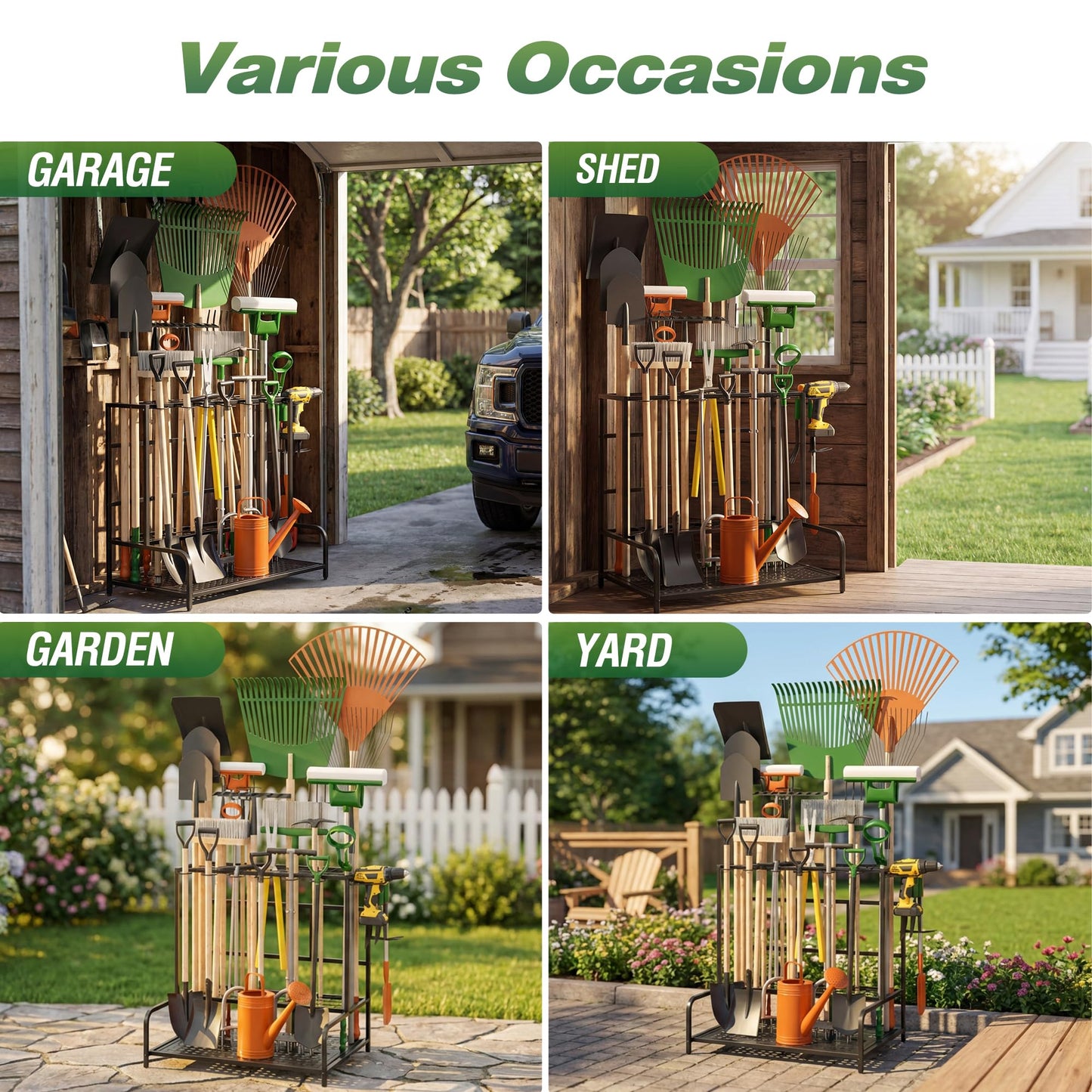 Sttoraboks Garden Tool Organizer Rack Up to 39 Tools, Heavy-Duty Steel Yard Tool Organizer for Garage Storage with 12 Hooks, Broom Holder & Garden Tool Rack for Shed, Patio, Outdoor Storage, Black