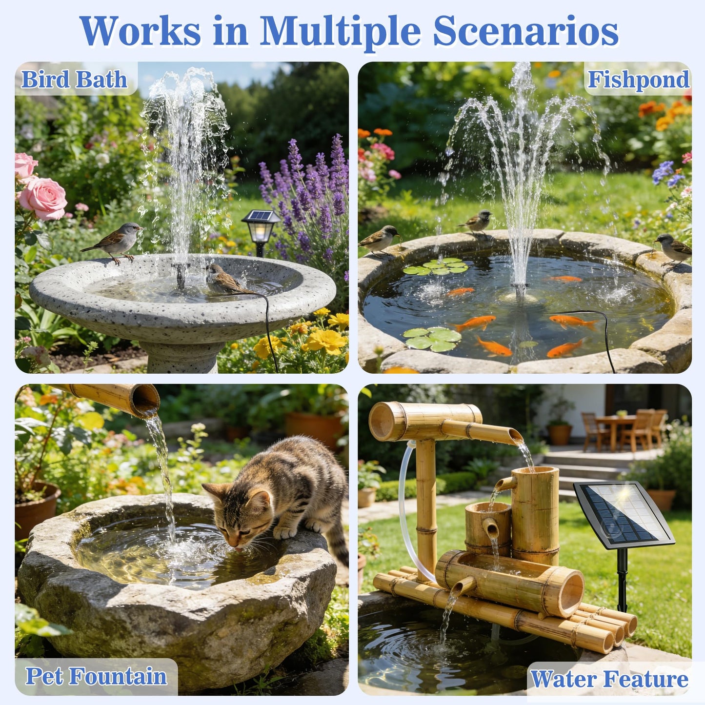 FYDGTPI 2.5W Solar Water Pump with 3 Spray Nozzles, 3.94FT Tubing, 9.85FT Power Cable, DIY Solar Water Fountain for Garden, Yard, Water Feature