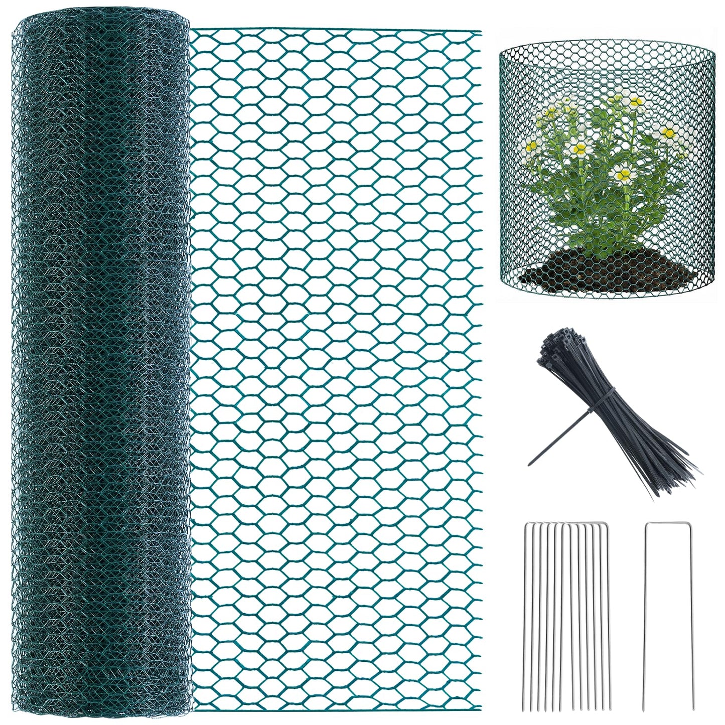 16In x 49.2Ft Plant Protectors from Animals, Wire Plant Cages for Outdoor Plants Chicken Wire Garden Protection from Animals Plant Fence Protectors to Keep Animals Out with Ground Stakes & Nylon Ties