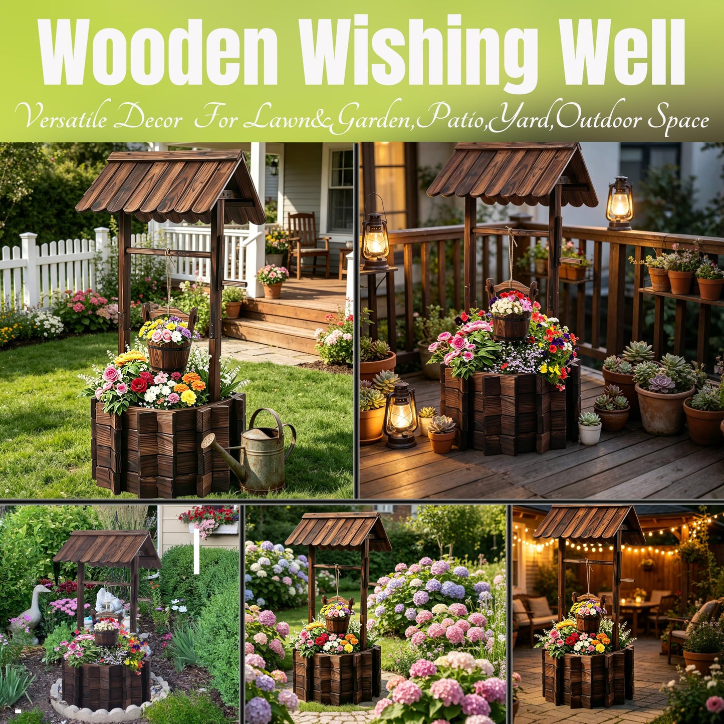 NestNature 21.75" Carbonized Wooden Wishing Well Planter for Outside, Rustic Outdoor Wishing Well with 4 Reinforced Rods & Hanging Bucket, Decorative Well Cover for Yard Garden Patio Lawn Backyard