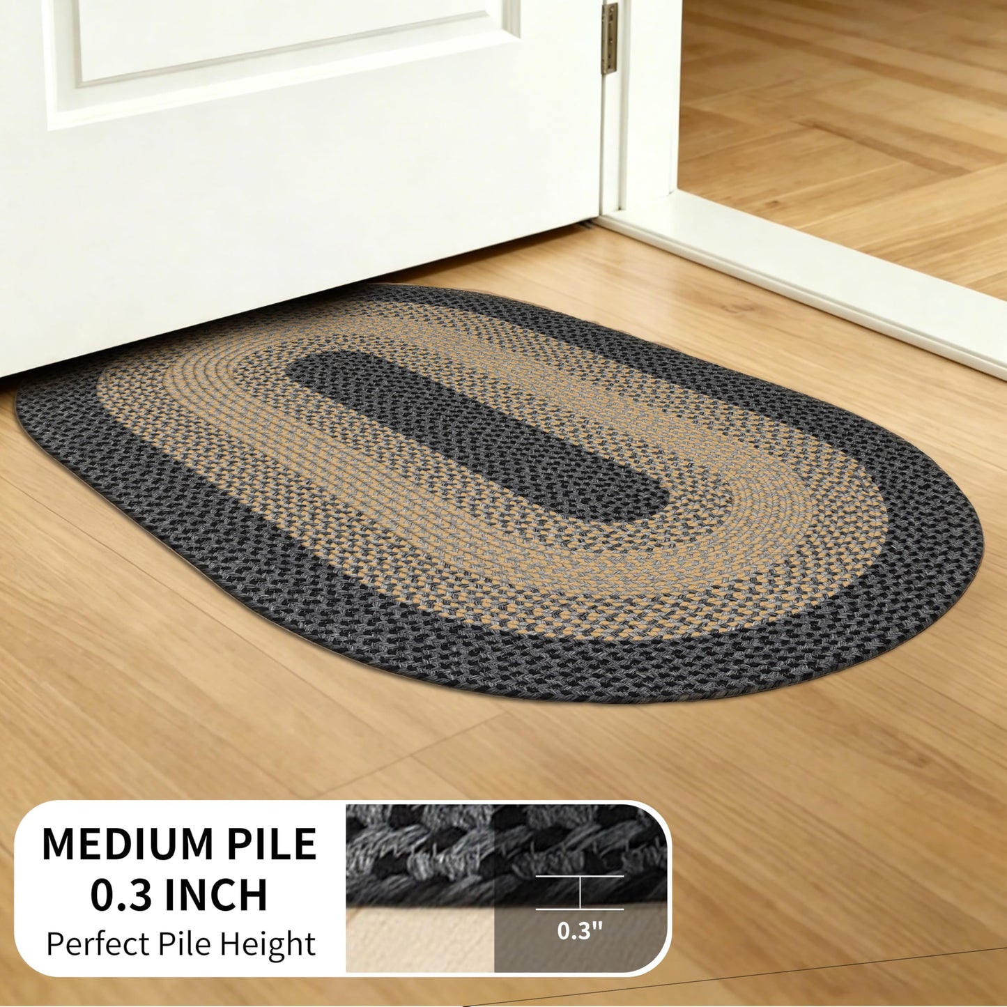 RCTJHOME 3x5 Oval Braided Area Rug, All-Season Farmhouse Rug for Living Room, Dining Room & Kitchen, Door Mat with Anti-Slip Pads for High Traffic Areas, Rope Rug Without Rubber, Brown with Black