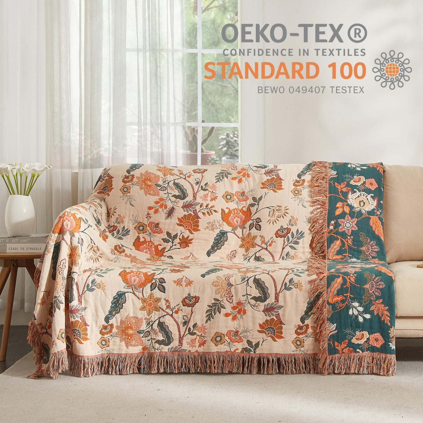 Boho Throw Blanket for Bed 60”x80”, 100% Cotton Woven Blanket for Couch Sofa, Ultra Soft 4-Layer Muslin Quilt with Floral Printed, Farmhouse Bed Blanket/Cover for Living Room Decor