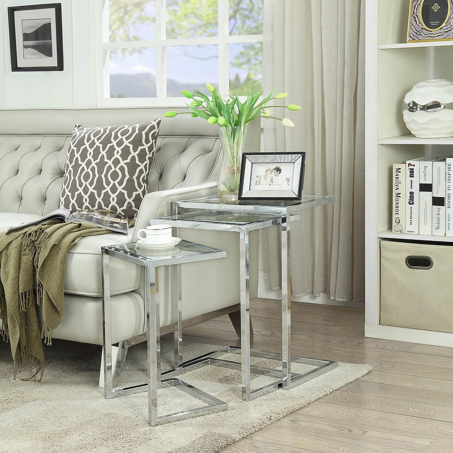 Carolina Classic Addison Powder Coated Metal Frame Nesting Table Set in Chrome