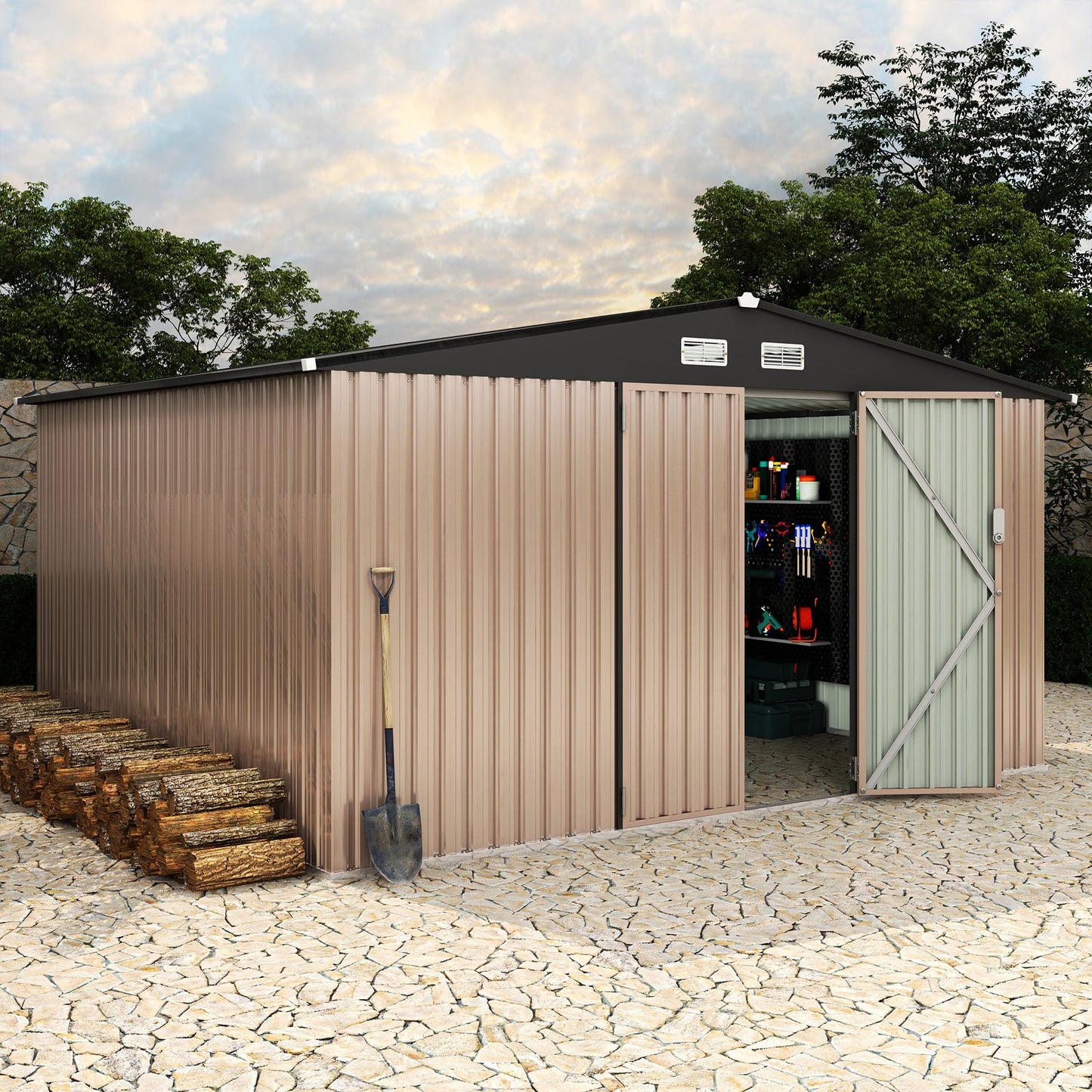 12X10 ft Outdoor Metal Storage Building, Storage Shed with Secure Lockable Door & Air Ventilation System, Premium Metal Tool Shed for Garden, Backyard, Patio, Ideal for Lawn Equipment & Tools