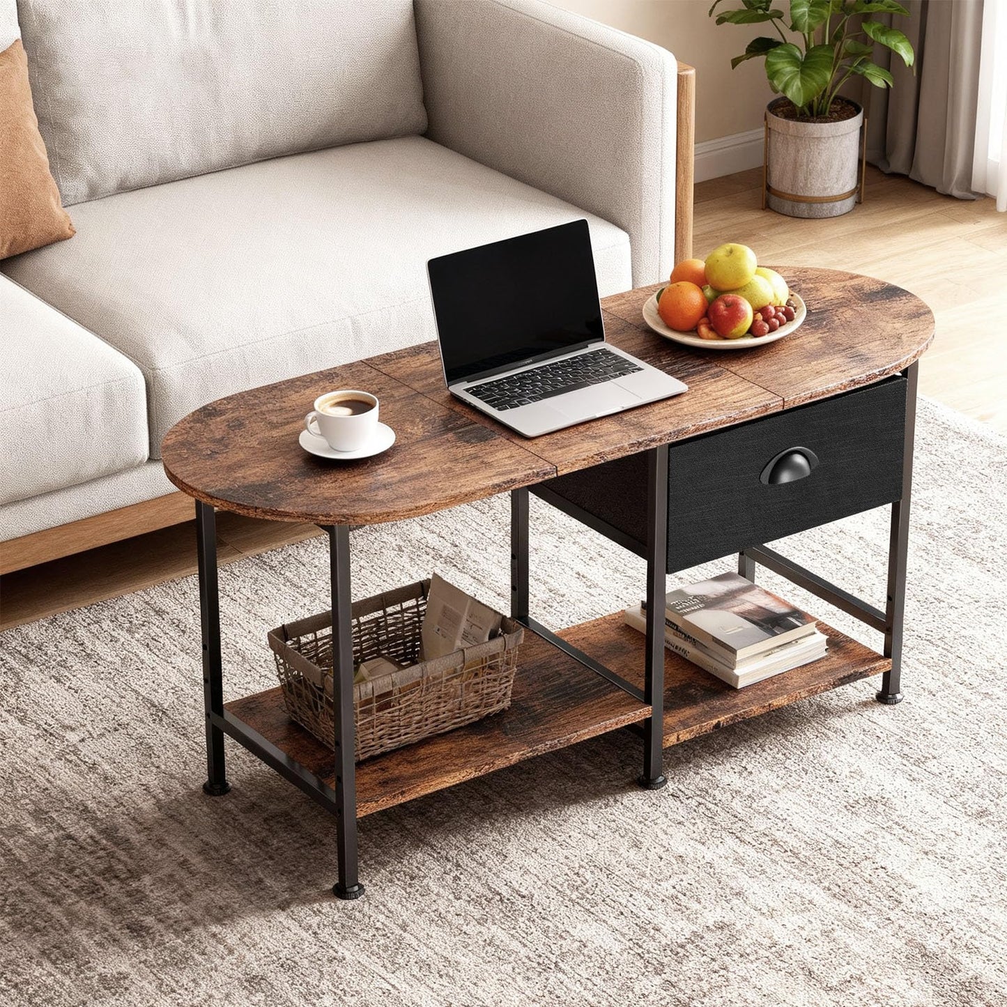 37" Oval Small Coffee Table with Storage,Modern Wood Living Room Center Table for Small Space,Apartment,Home Office,Drawer & Open Shelves,Easy Assembly,Rustic Brown