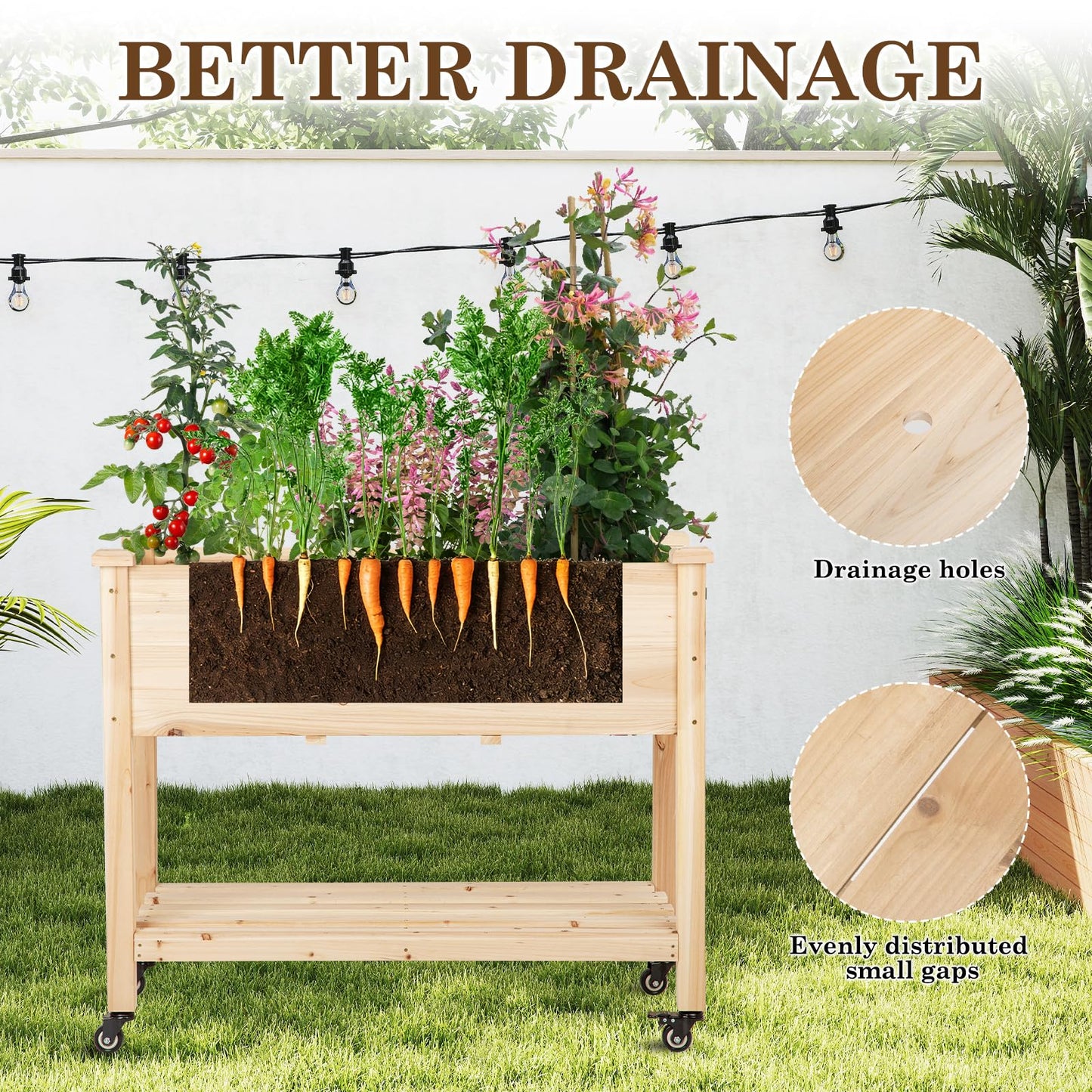 Nature Crafted Raised Garden Bed with Lockable Wheels, 40x24x32 inch Elevated Wood Planter with Storage Shelf Protective Liner for Vegetable Flower Herb Outdoor Balcony Patio Backyard, Natural