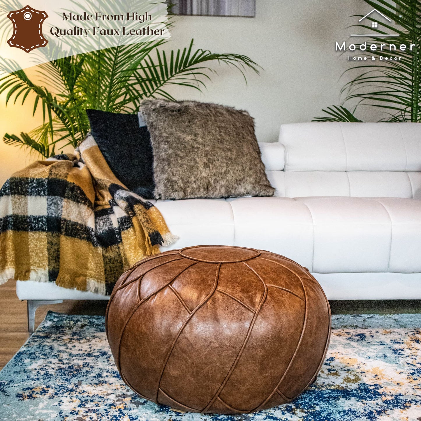 Moderner Faux Leather Pouf Unstuffed Ottoman Moroccan Footstool, Floor Footrest Cushion, Storage Solution - Natural Brown Color (Mocha, Round)