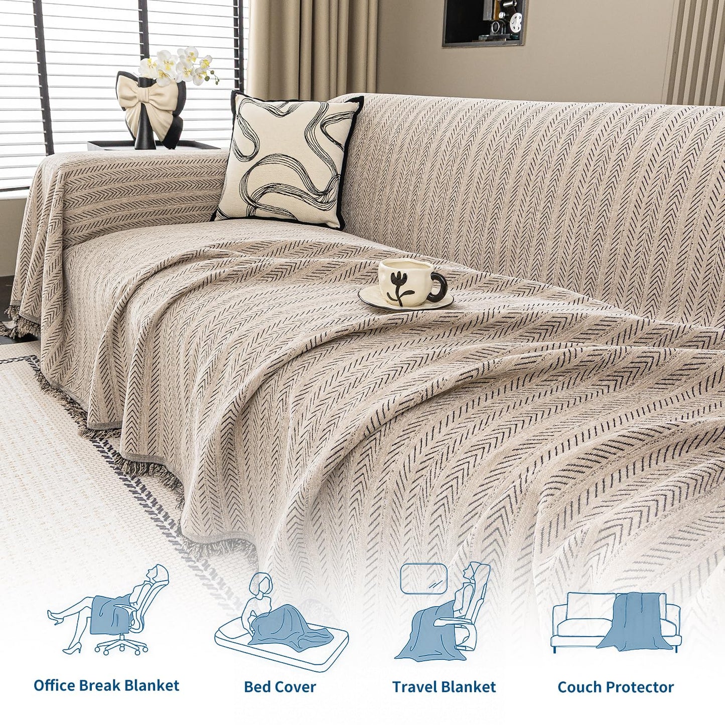 Nobildonna Chenille Couch Cover for Sofa Cover Washable Pet Scratch Couch Covers Tassel Sofa Slipcover for 2 Cushion Couch,Furniture Protector Blanket for Living Room,Camel Brown 71"x118"