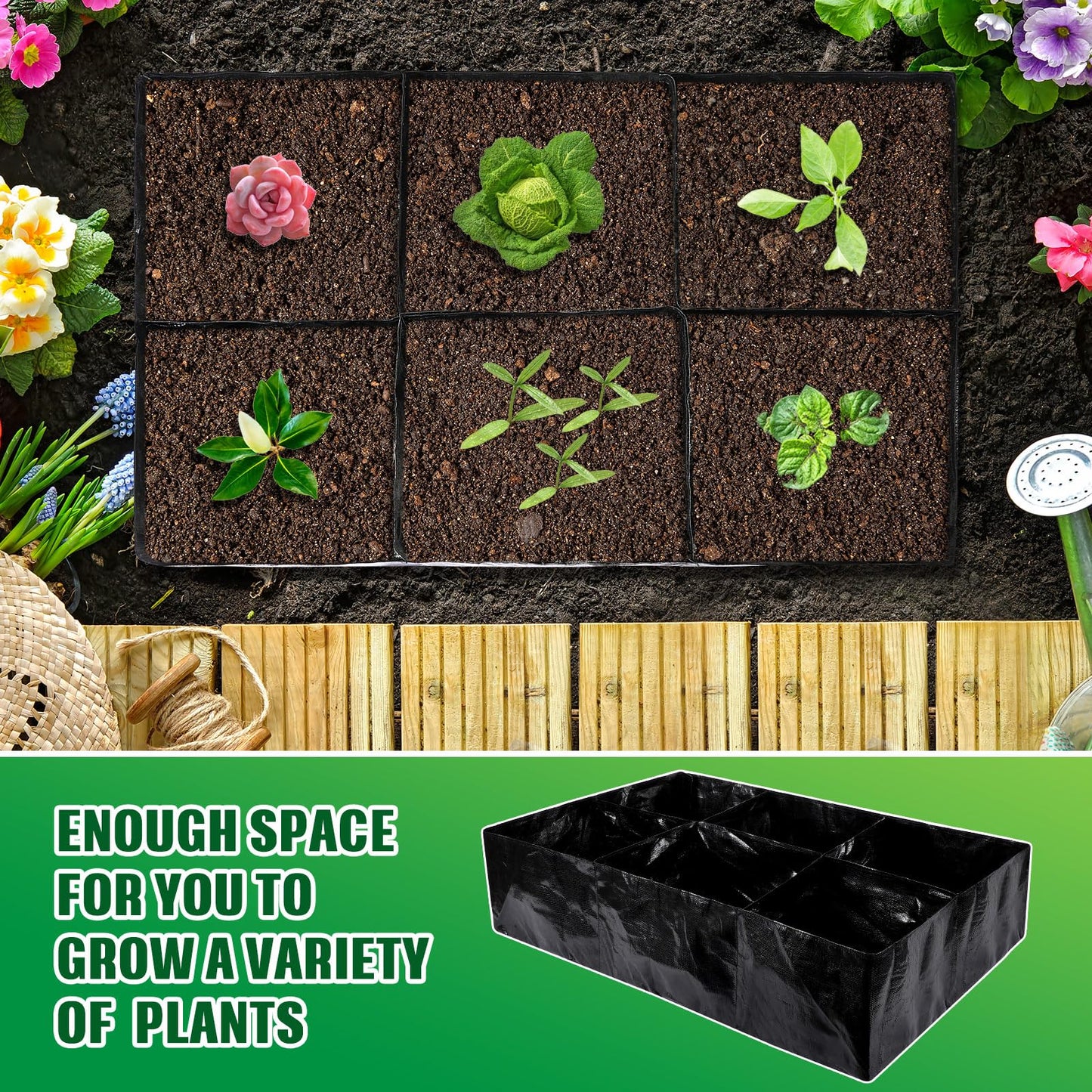 Woanger 8 Pcs 35 Gallon Fabric Raised Garden Bed Outdoor Planter Bags -Garden Grow Bags with 6 Divided Grids Drainage Holes for Vegetables, Flowers, Herbs - Outdoor Patio Gardening Containers