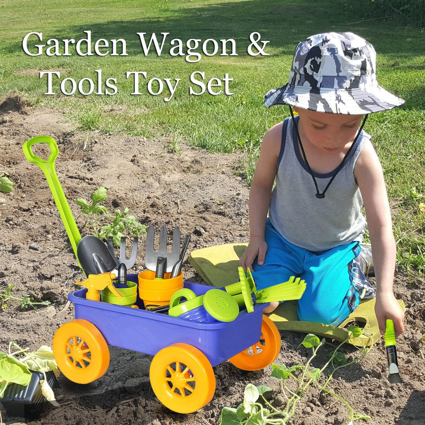 Dimple DCN12752 Garden Wagon & Tools Toy Set Premium 15Piece Gardening Tools & Wagon Toy Set Sturdy & Durable-Top Yd, Beach, Sand, Garden Toy-Great for Kids & Toddlers, Multicolor
