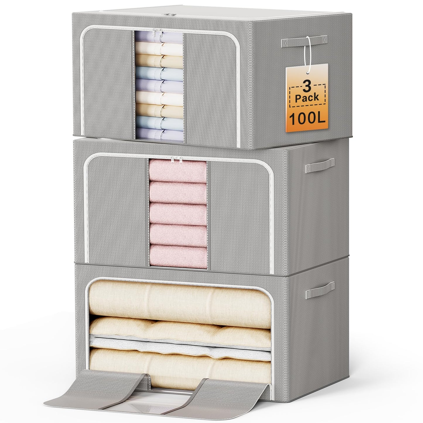 LeArex Clothes Storage Bins with Metal Frame Foldable Storage Box Clothes Organizers Storage Containers for Clothes Sheets Blankets Books Toys Gifts and Holiday Decorations (100Lx3 Pack)