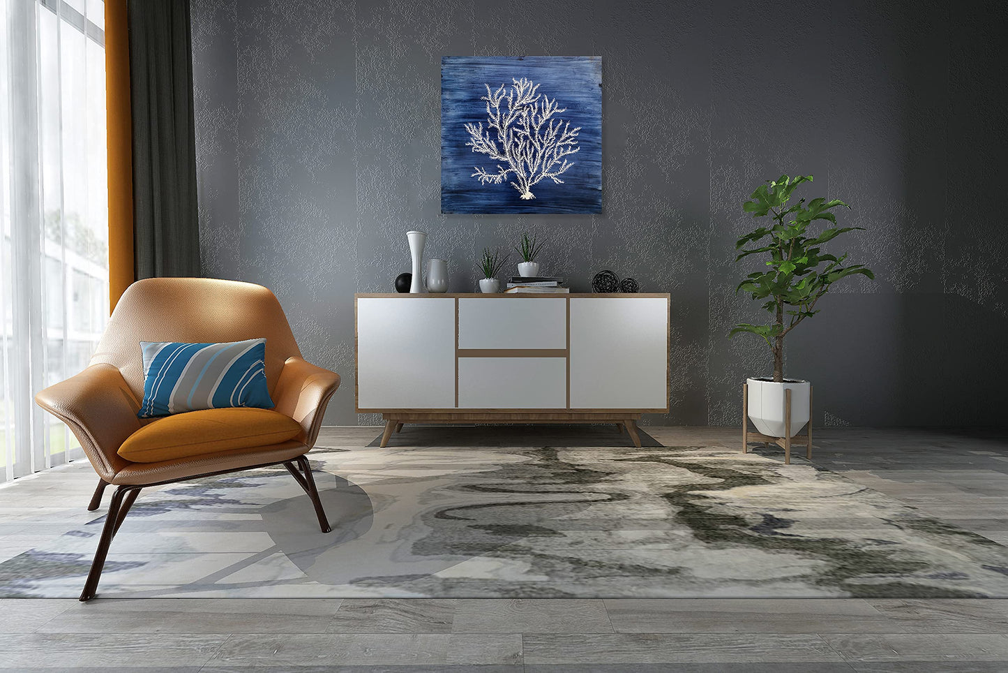 Yihui Arts Nautical Canvas Wall Art Hand Painted Navy Blue and White Coastal Painting Modern Abstract Tree Artwork for Living Room Bedroom Hall Way Decor