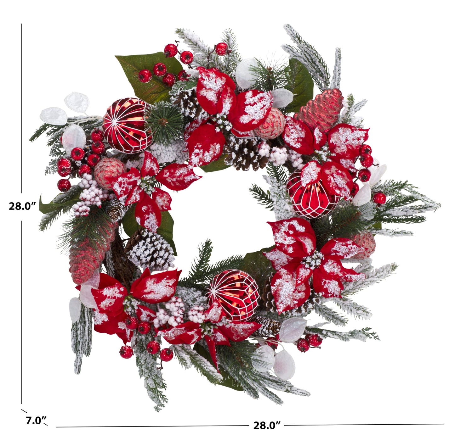 SAFAVIEH Home Collection - 28" Faux Snowy Needle Pine Wreath with Red Poinsettias, Ornaments & Pinecones (FXP1032A)