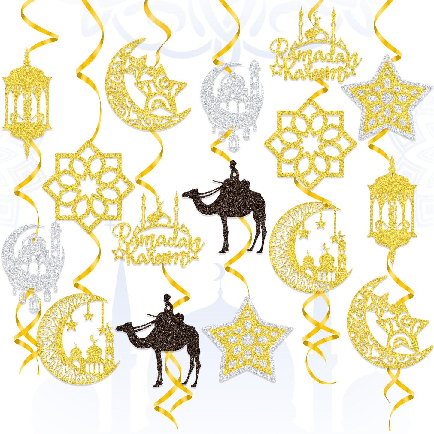 38PCS Ramadan Mubarak Decorations Umrah Mubarak Hang Swirl Star Moon Lantern Decor Sign for Eid Festival Muslim Islam Party Decoration Supplies