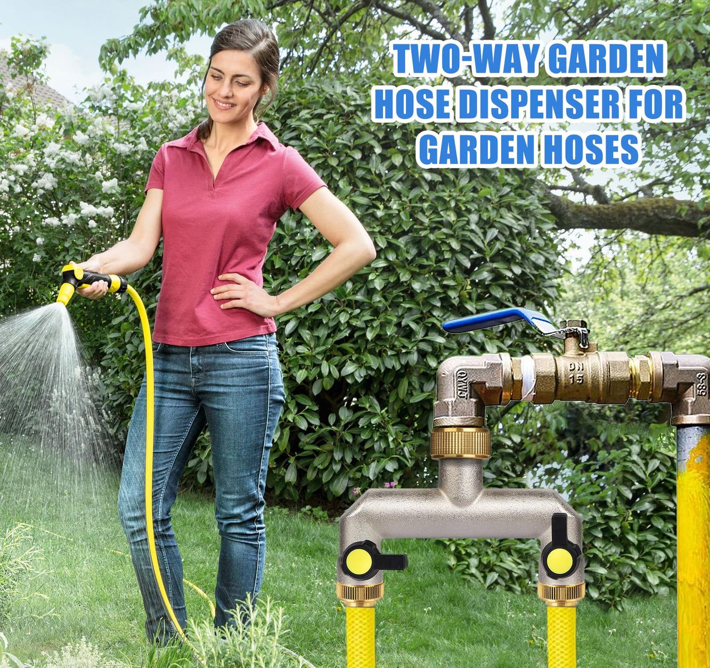 Anstore 2 Way Heavy Duty Faucet Splitter, Two Way Hose Splitter Brass Tee Valve with Handle 3/4" Garden Hose Connector Dual Outlet, Spigot Splitter 2 Way for Home, Yard, Washing Machine, Garden Hoses