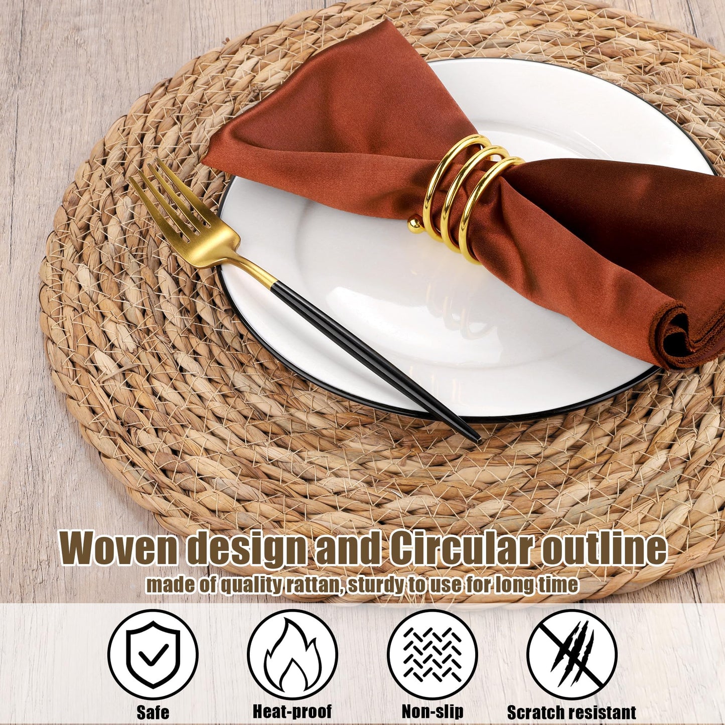 Kochorie Set of 24 Round Woven Placemats 12 Inches Bulrush Placemats Natural Hand-Woven Boho Rattan Placemats Wicker Table Mats Farmhouse Weave Place Mats for Home Dining Table