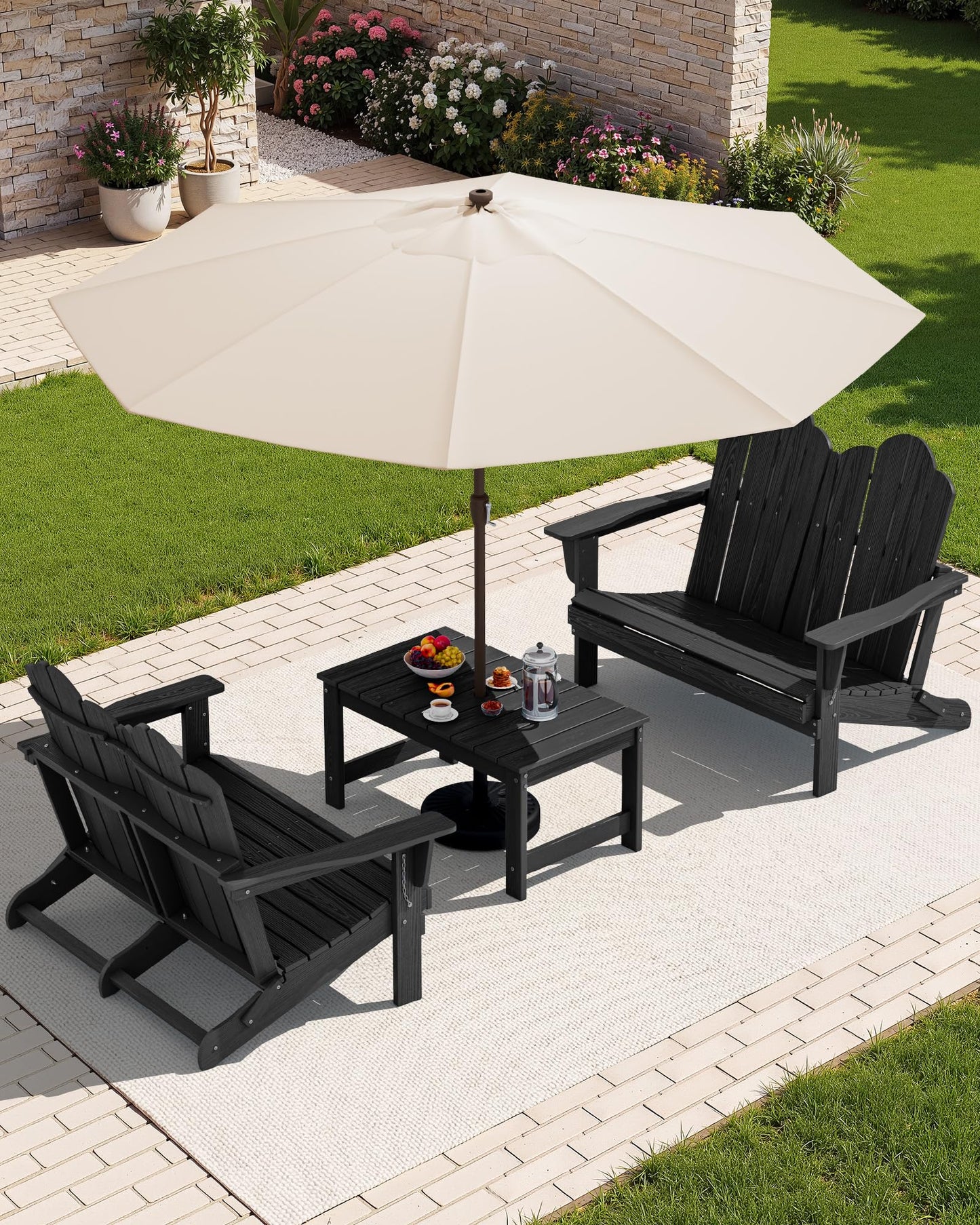 SERWALL Folding Adirondack Bench, HDPE All-Weather Adirondack Loveseat, 660 lbs Capacity, Foldable Outdoor Patio Bench for Deck, Lawn, Garden, Black