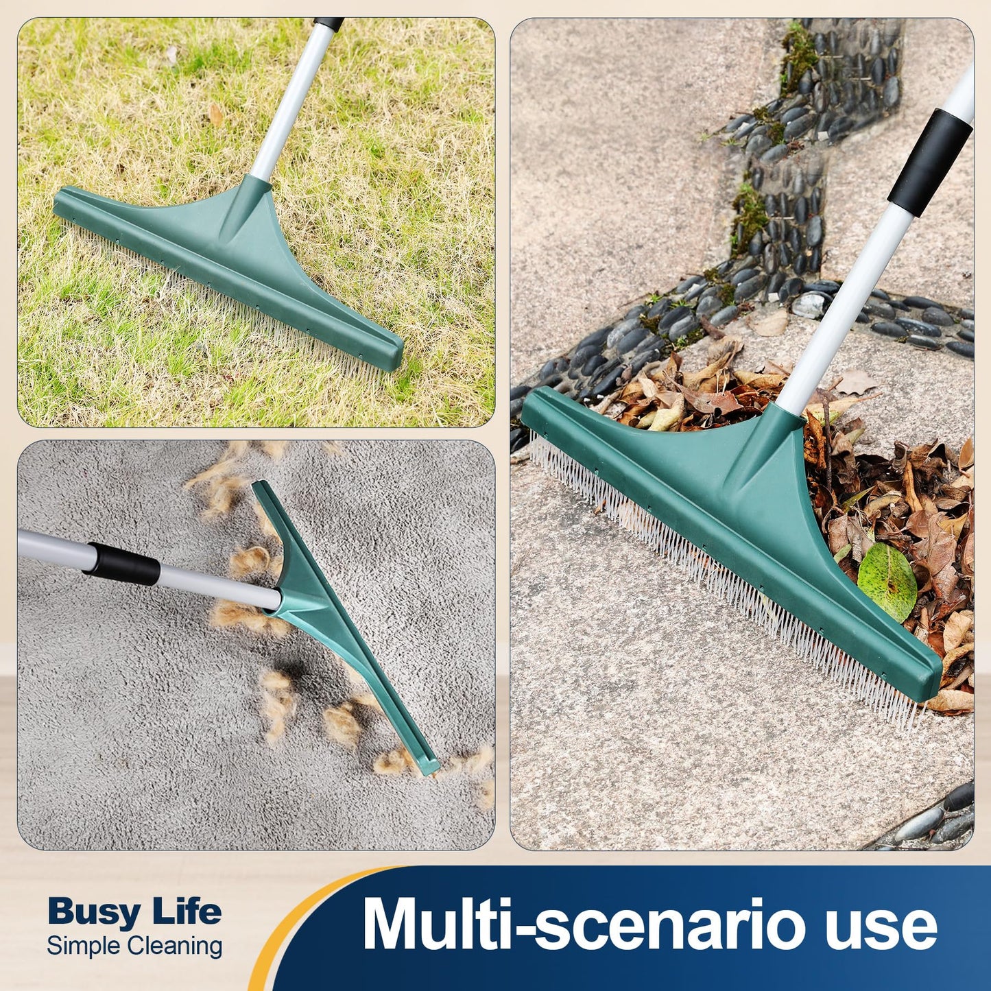 Yocada Artificial Turf Rake Grass Brush Broom Carpet Lawn Leaf Rake Cleaner Broom Telescopic Iron Pole for Yard Cleaning and Pet Hair Removal 56.69"