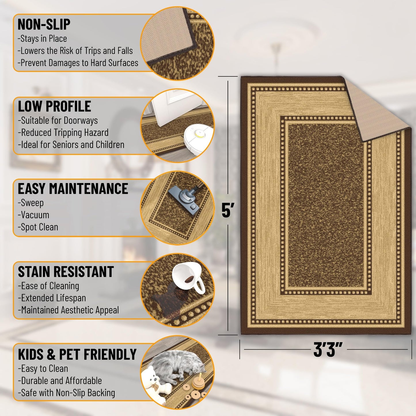 Ottomanson Area Rug 3'3" x 5' – Non Slip Rubber Backed Indoor Rug, Low Pile Accent Rug for Living Room, Bedroom, Entryway, Kitchen, Durable Floor Carpet, Border Dark Brown
