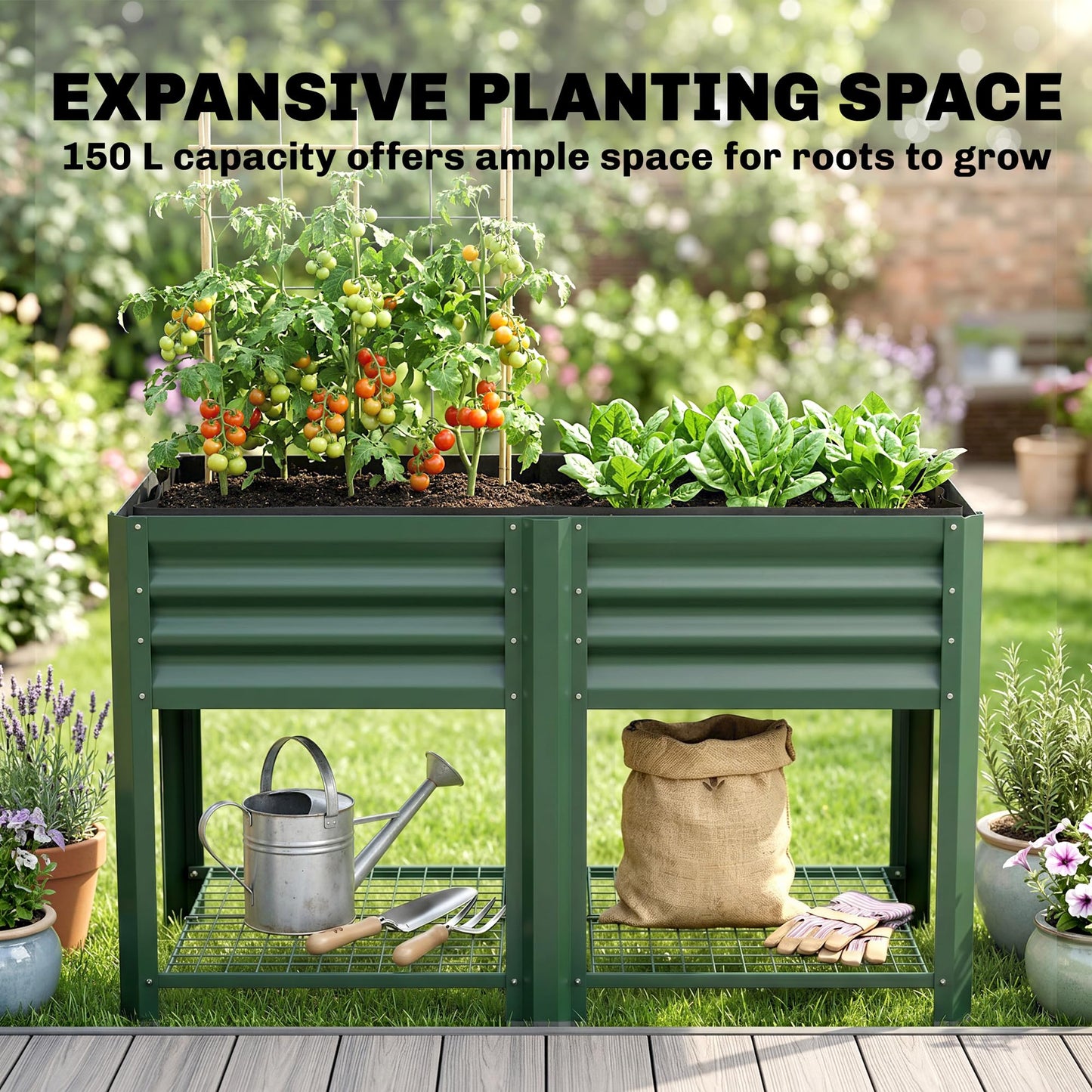 Outsunny Galvanized Steel Raised Garden Bed with Storage Shelf and Bed Liner, Elevated Planter Box with Legs for Flowers, Vegetables, and Herbs, for Outdoor Patio Yard, Glove Included, Green