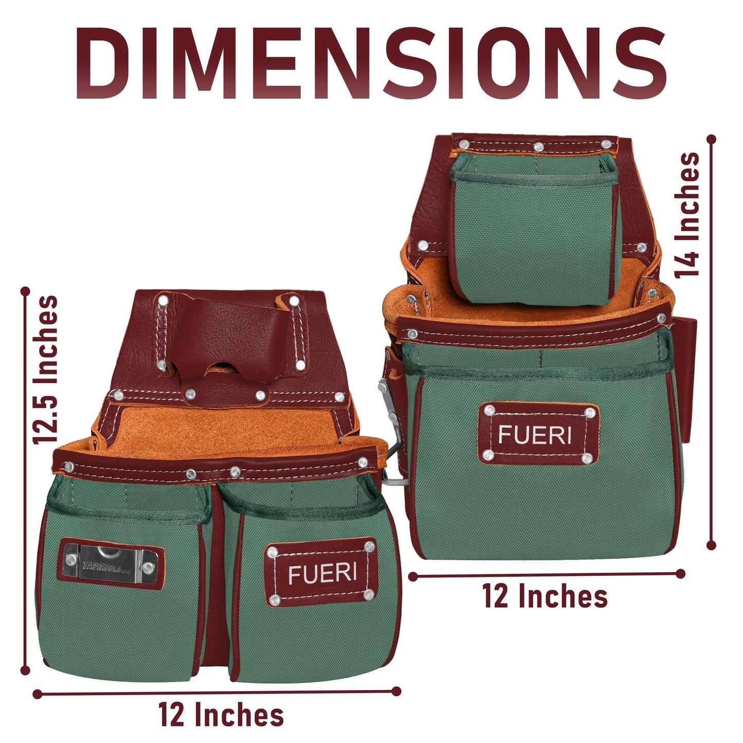 FUERI Electrician's Heavy Duty Tool Belt for Men, Made of Thick Leather and Durable Nylon, Comes with Adjustable Padded Tool Belt, Storage Capacity Tool Pouches, Hammer Holder, And Suspender Loops.