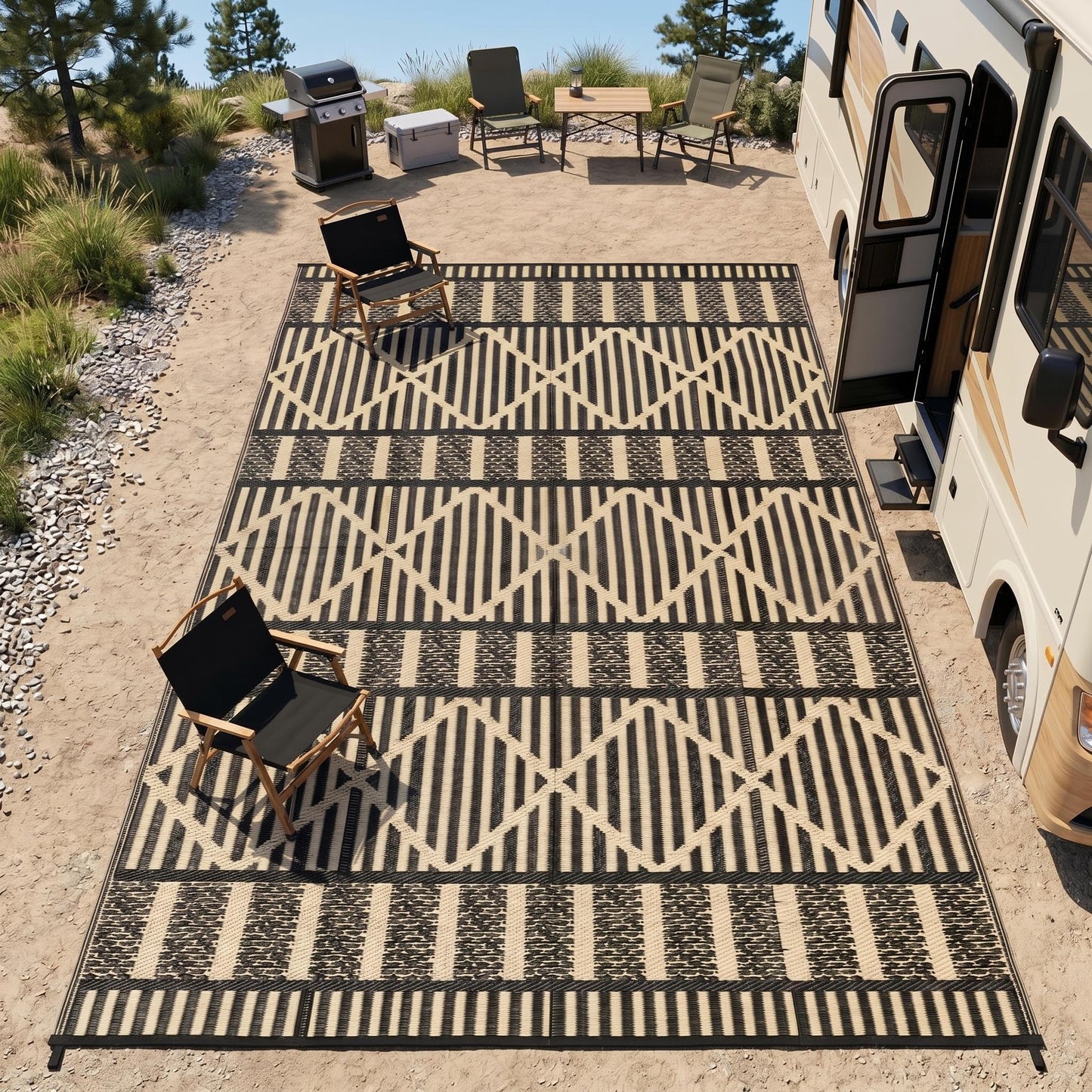 IDEALHOUSE 9x18 Ft Outdoor Rug 320GSM PP Woven Double Sided Same Pattern Waterproof Geometric Patio Mat for Backyard Deck Porch Camping Picnic Beach, Black Coffee