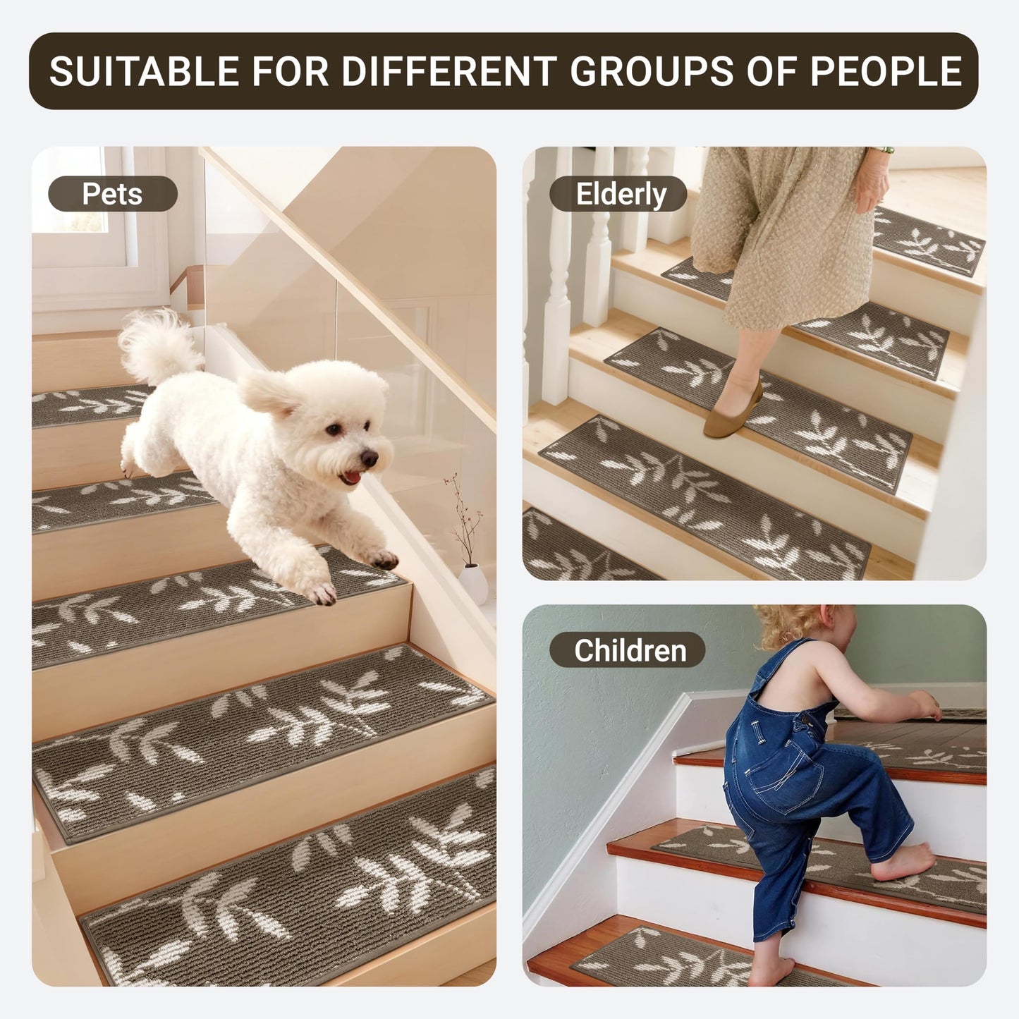 TANVILL Stair Treads for Wooden Steps Non Slip Stair Carpet, 4 Pack Stair Runners Indoor Stair Rugs for Elders and Pets Reusable Staircase Step Treads Covers, 30x8 Inches, Brown